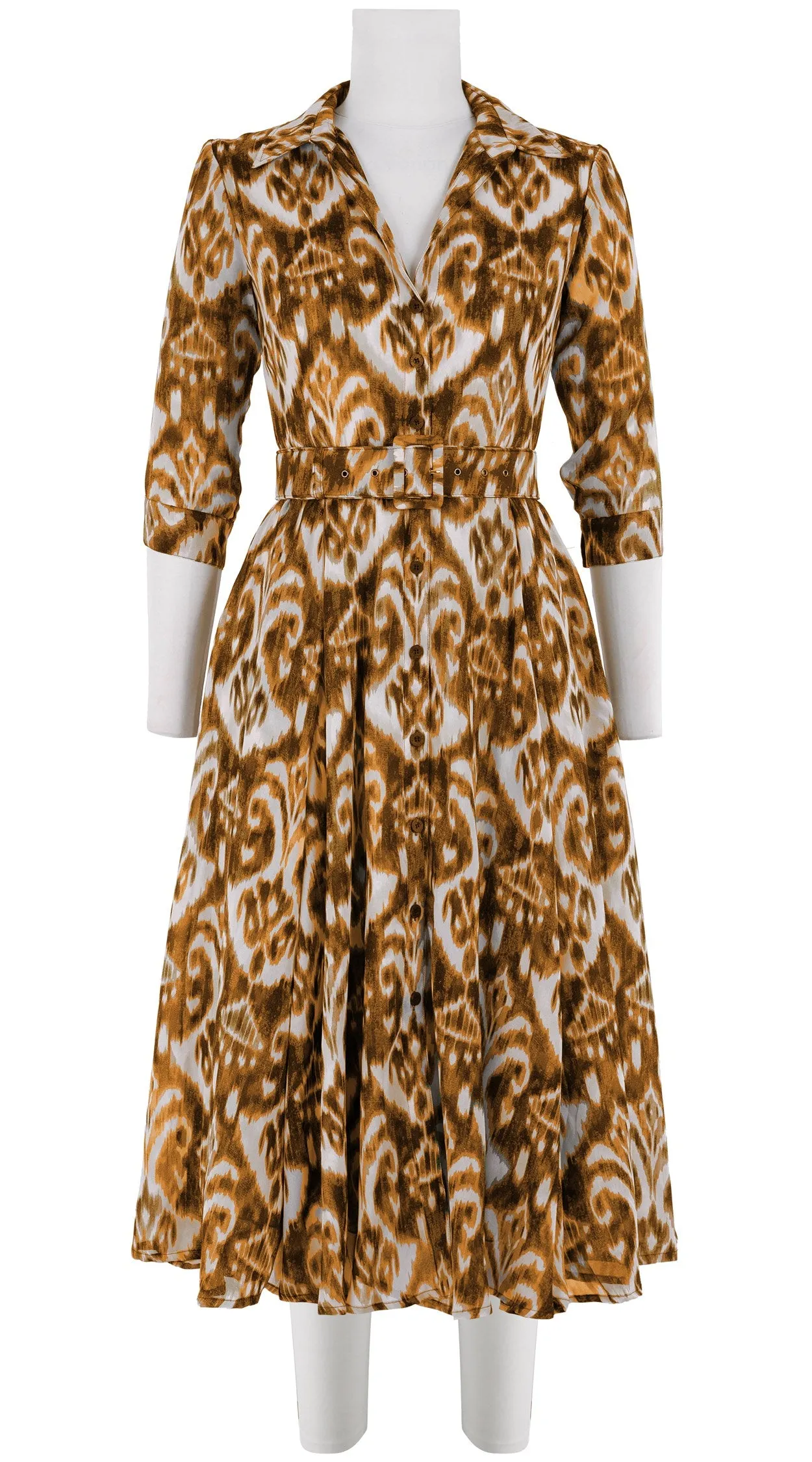 Aster Dress Shirt Collar 3/4 Sleeve Midi Length Silk GGT (Ikat Marine)