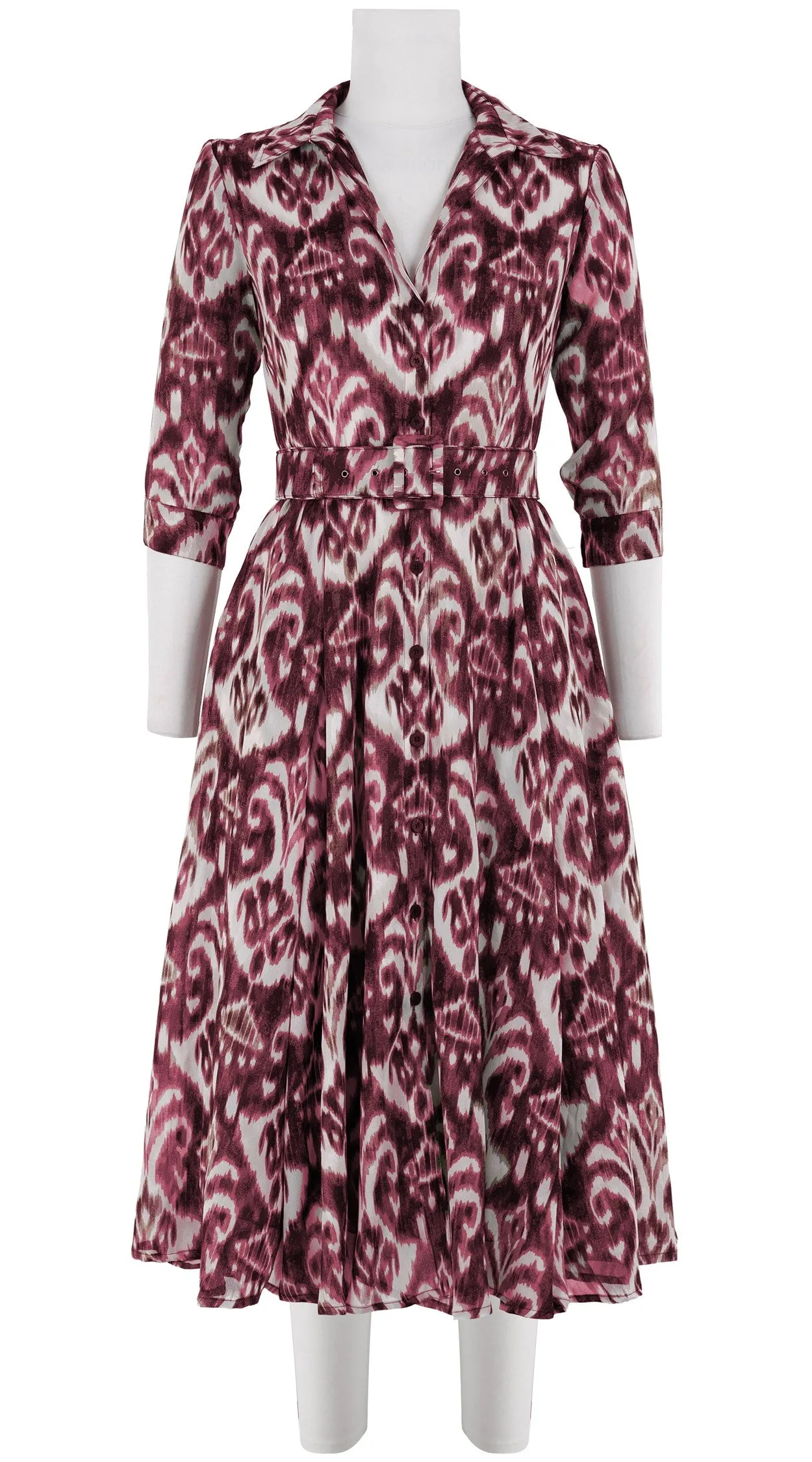 Aster Dress Shirt Collar 3/4 Sleeve Midi Length Silk GGT (Ikat Marine)