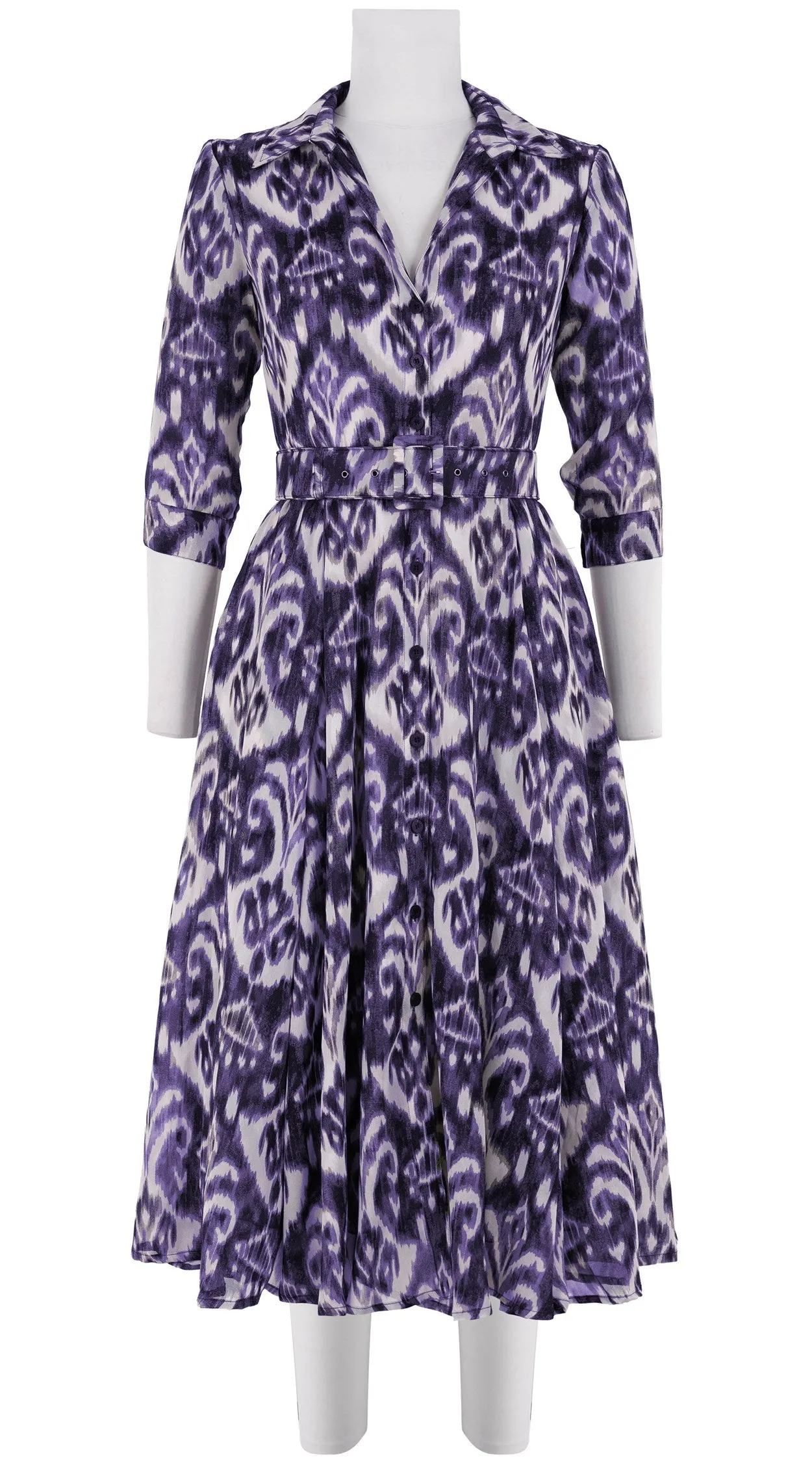 Aster Dress Shirt Collar 3/4 Sleeve Midi Length Silk GGT (Ikat Marine)