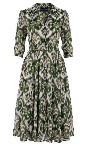 Aster Dress Shirt Collar 3/4 Sleeve Midi Length Silk GGT (Ikat Marine)