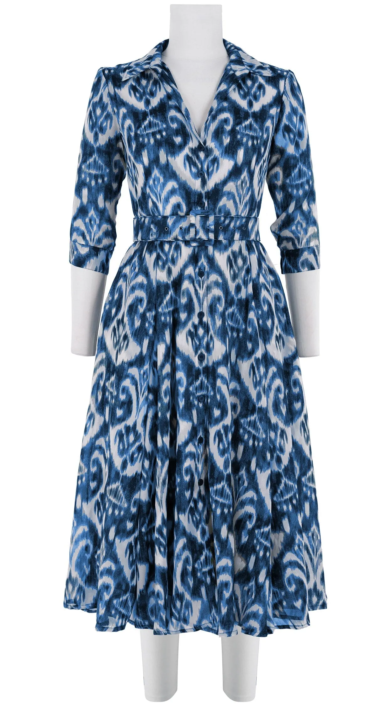 Aster Dress Shirt Collar 3/4 Sleeve Midi Length Silk GGT (Ikat Marine)