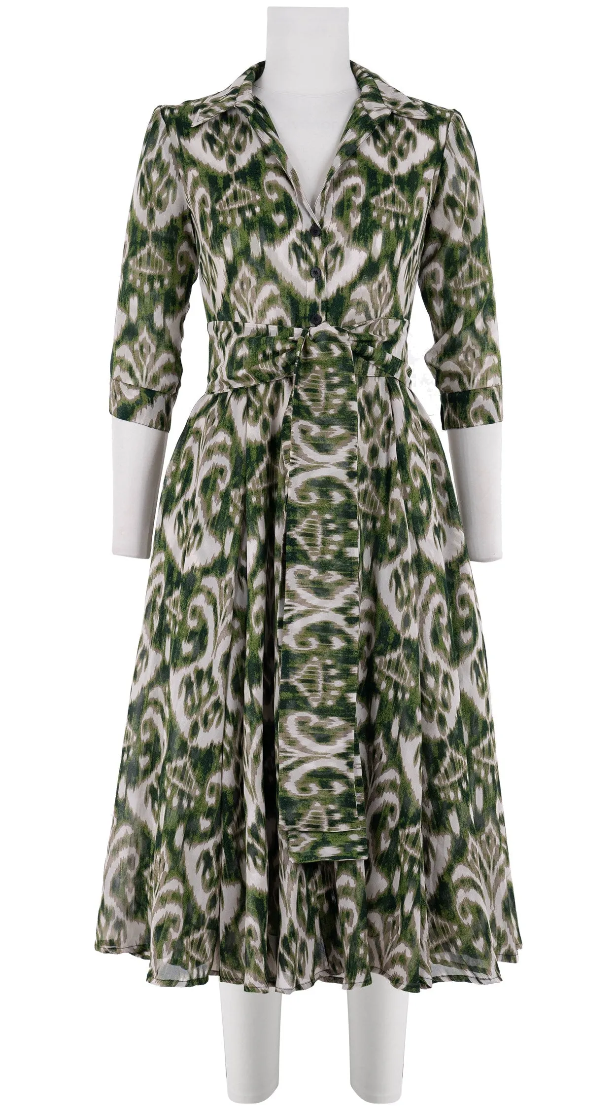 Aster Dress Shirt Collar 3/4 Sleeve Midi Length Silk GGT (Ikat Marine)