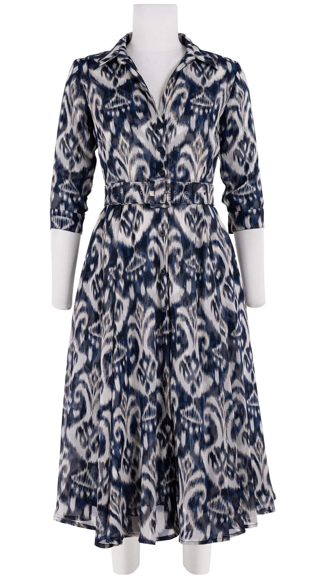 Aster Dress Shirt Collar 3/4 Sleeve Midi Length Silk GGT (Ikat Marine)