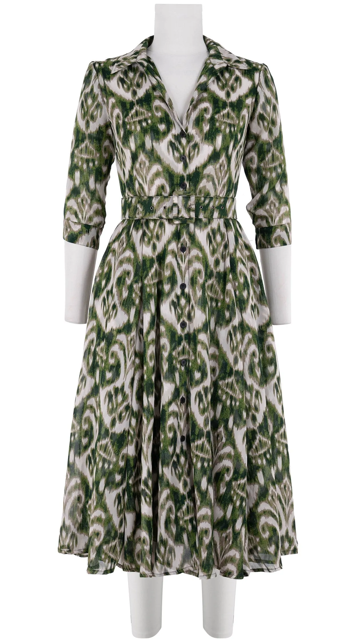 Aster Dress Shirt Collar 3/4 Sleeve Midi Length Silk GGT (Ikat Marine)