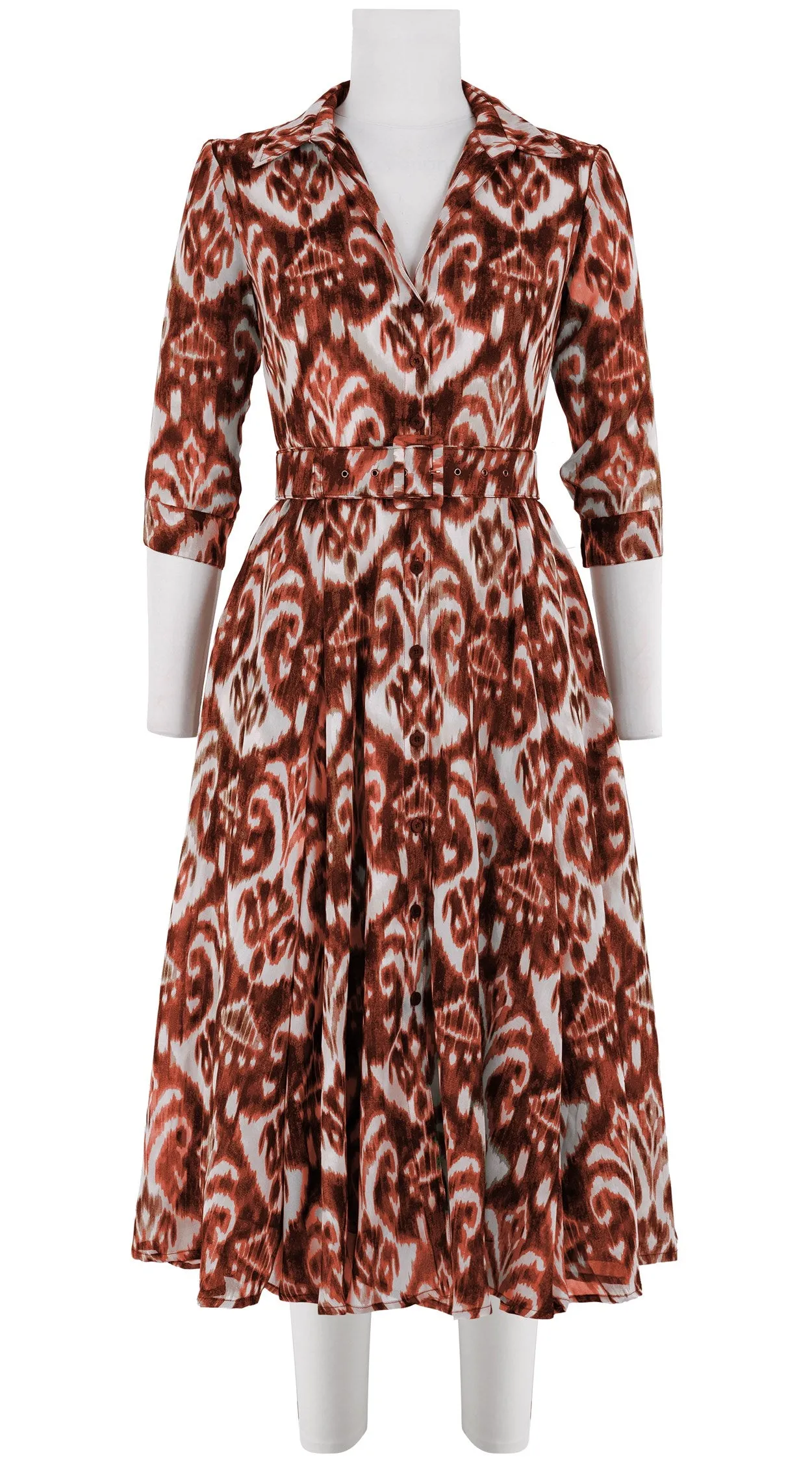 Aster Dress Shirt Collar 3/4 Sleeve Midi Length Silk GGT (Ikat Marine)