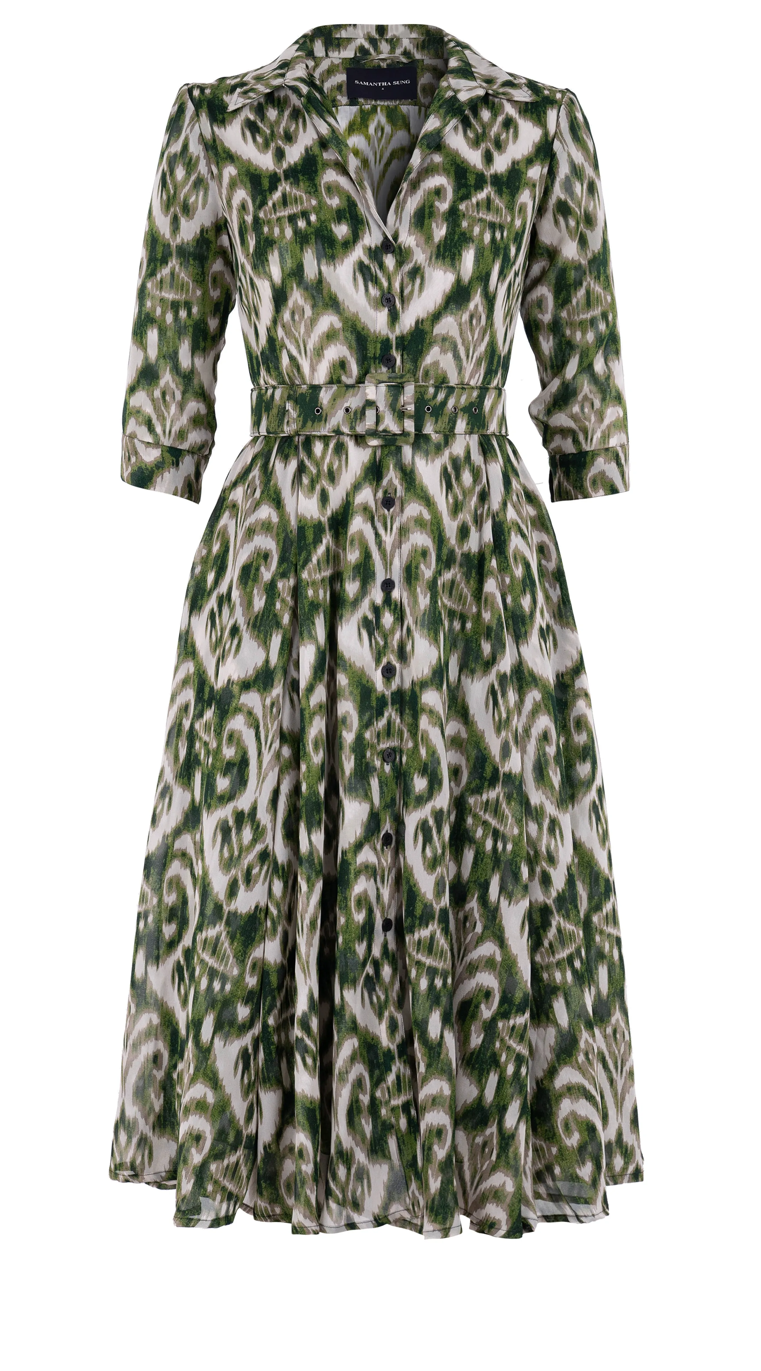 Aster Dress Shirt Collar 3/4 Sleeve Midi Length Silk GGT (Ikat Marine)