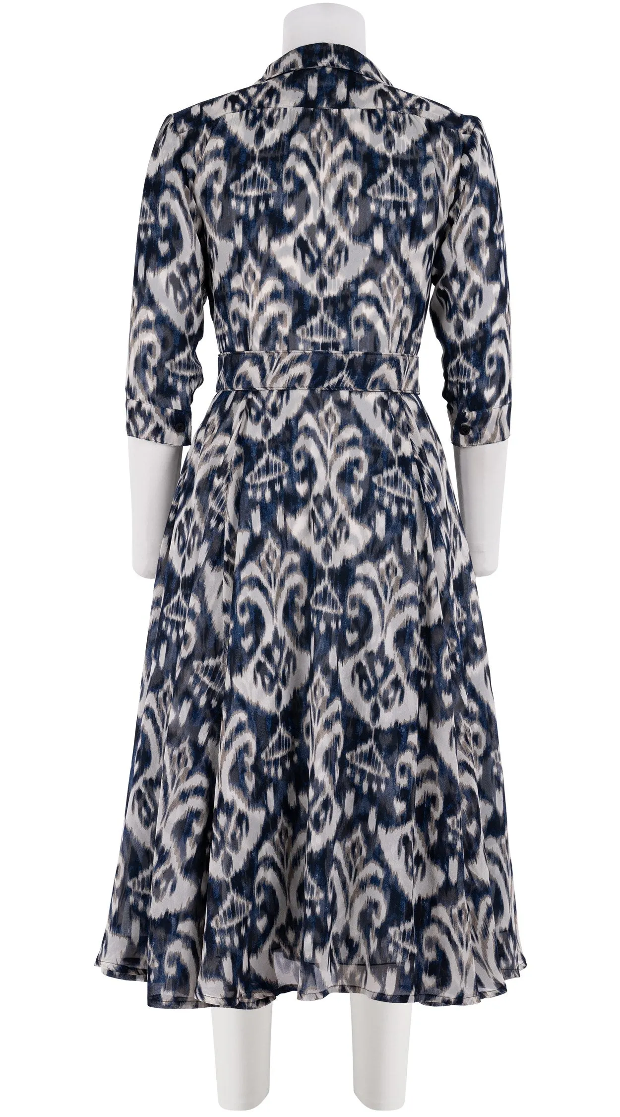 Aster Dress Shirt Collar 3/4 Sleeve Midi Length Silk GGT (Ikat Marine)