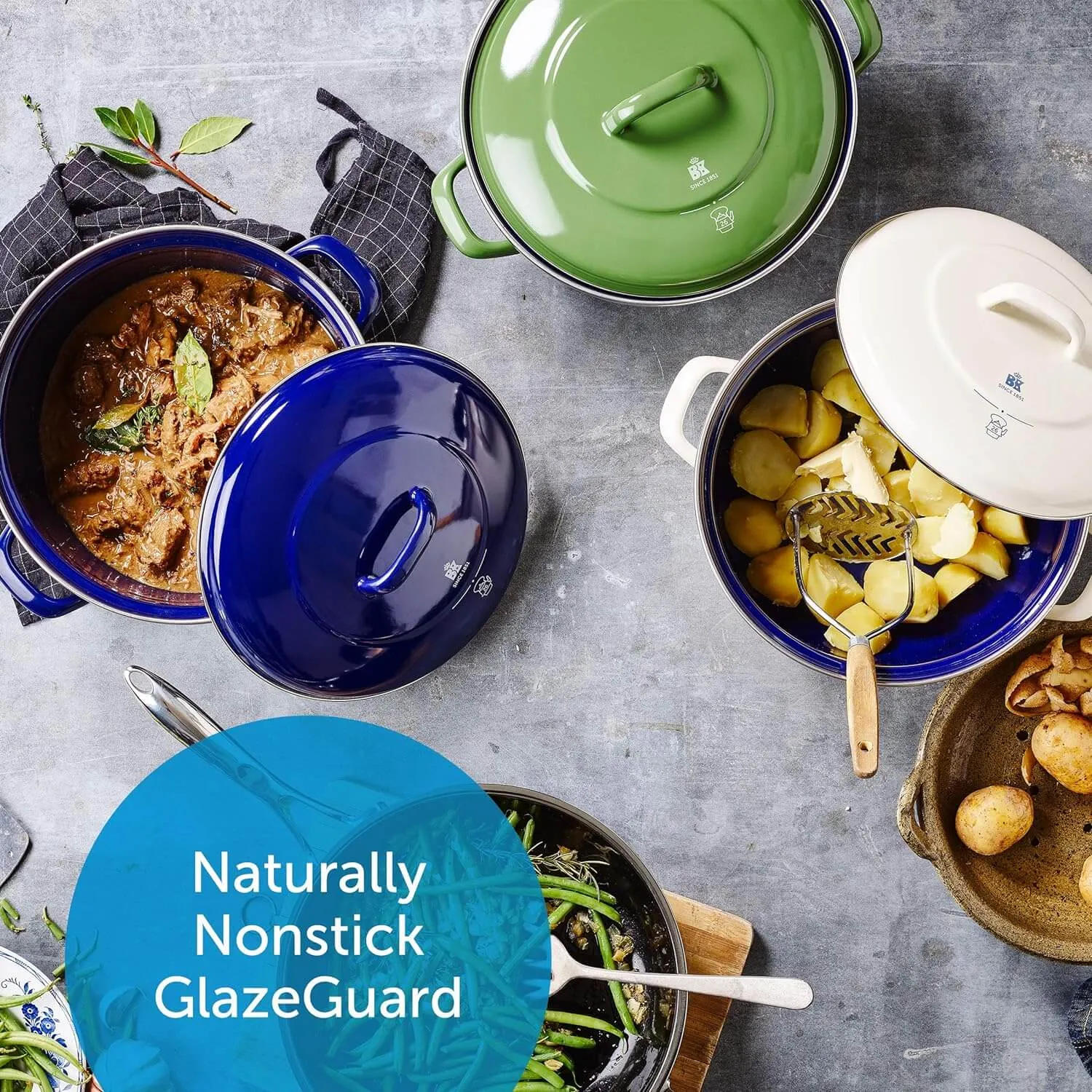 BK Indigo Heritage Round Dutch Oven - 26cm, 5.2L, German Enamelled Casserole Dish with Lid - Green