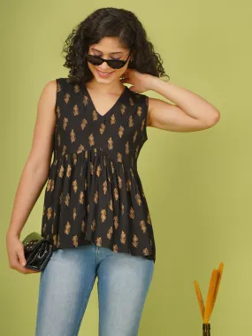 Black Foil Printed Rayon Flared Top