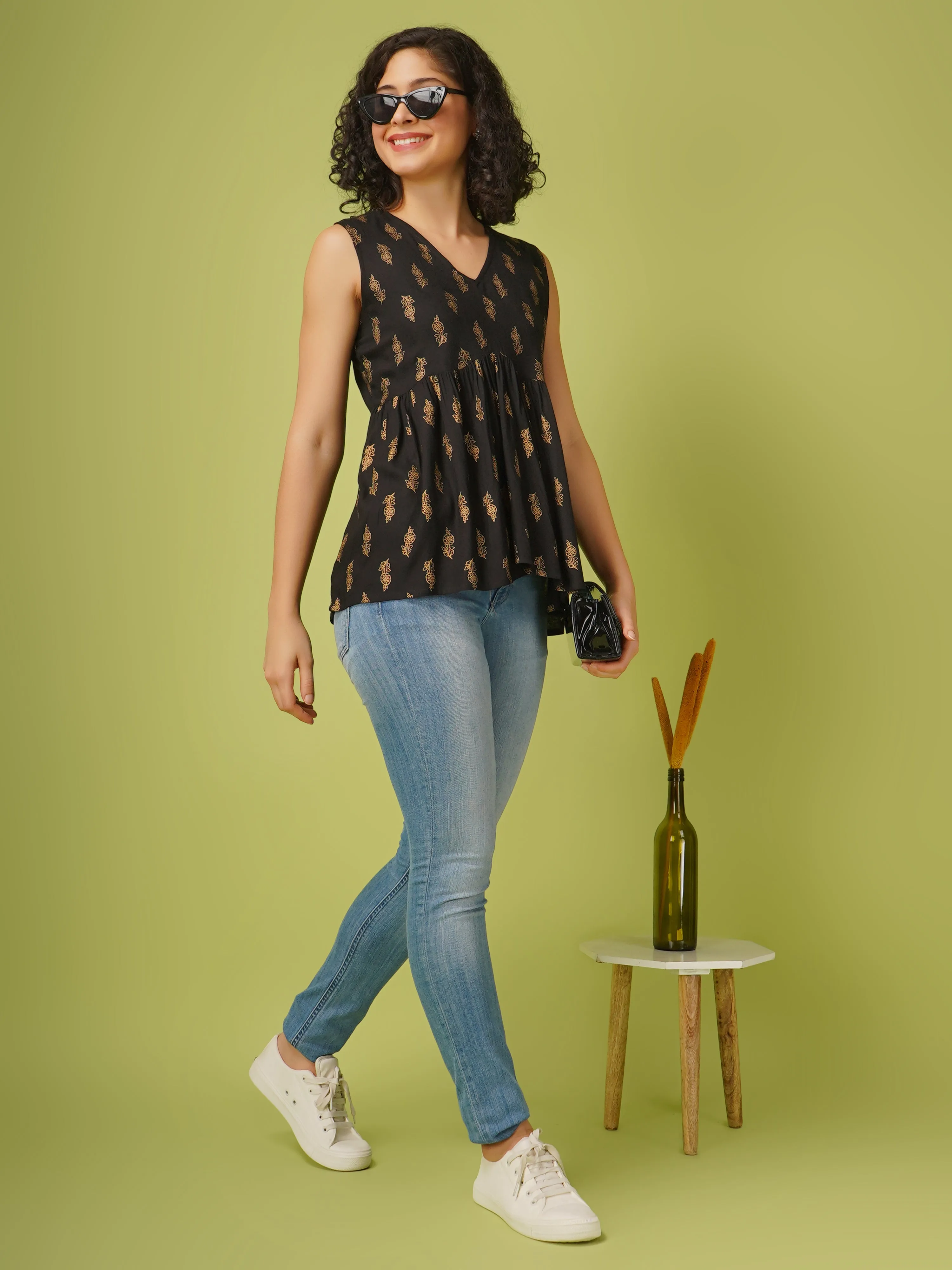 Black Foil Printed Rayon Flared Top