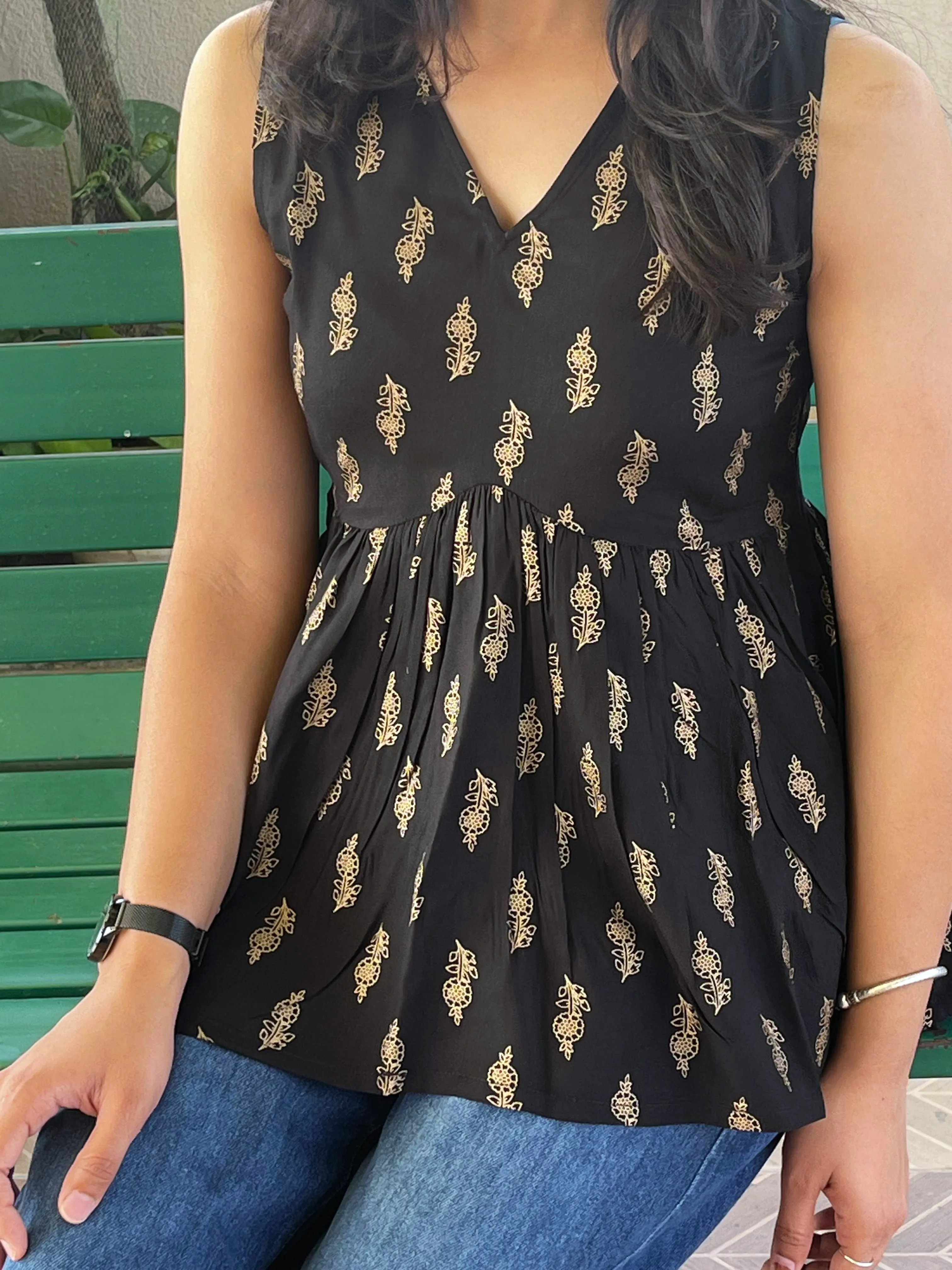 Black Foil Printed Rayon Flared Top