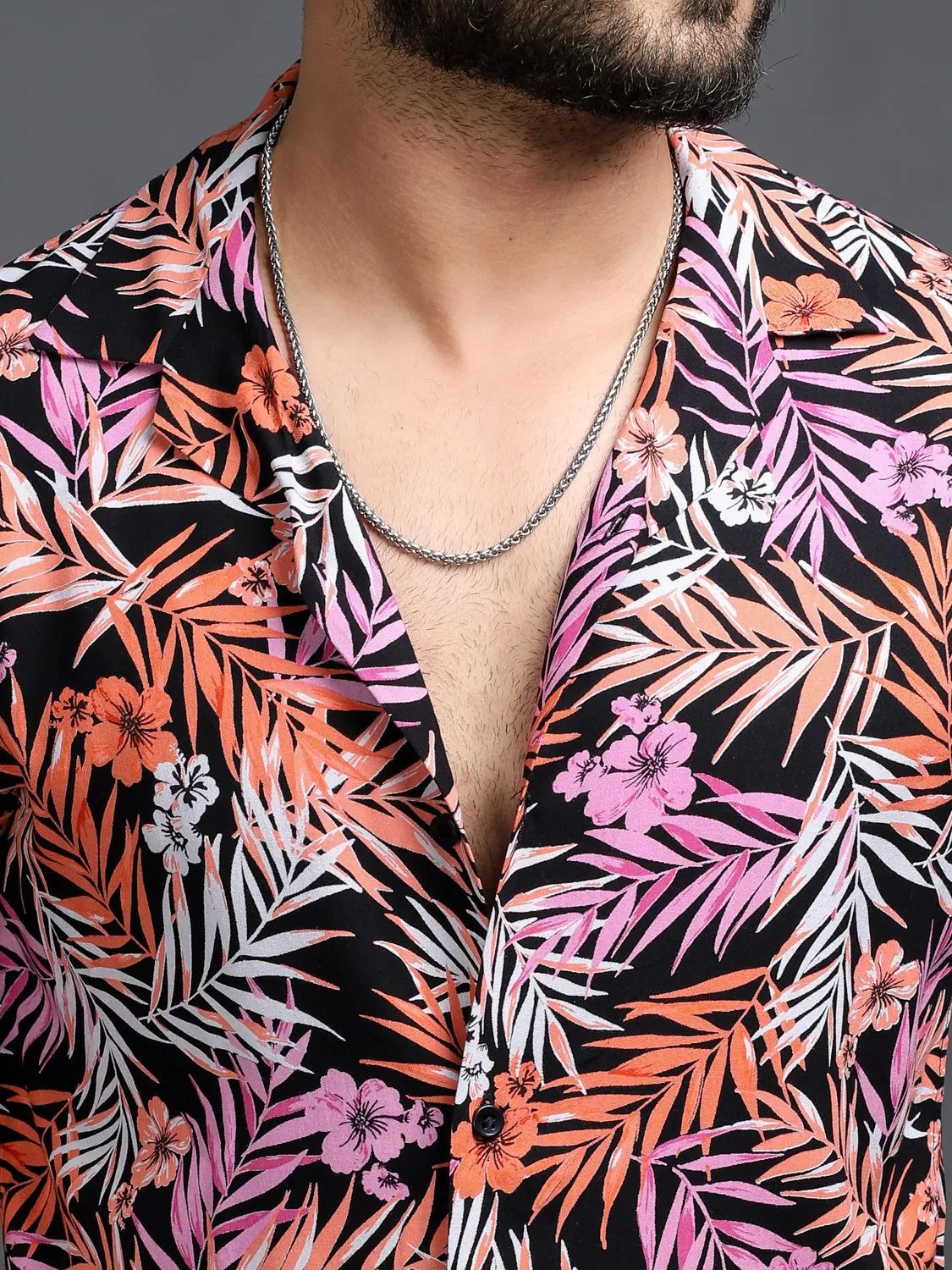 Black Orange Leaf Print Resort Shirt