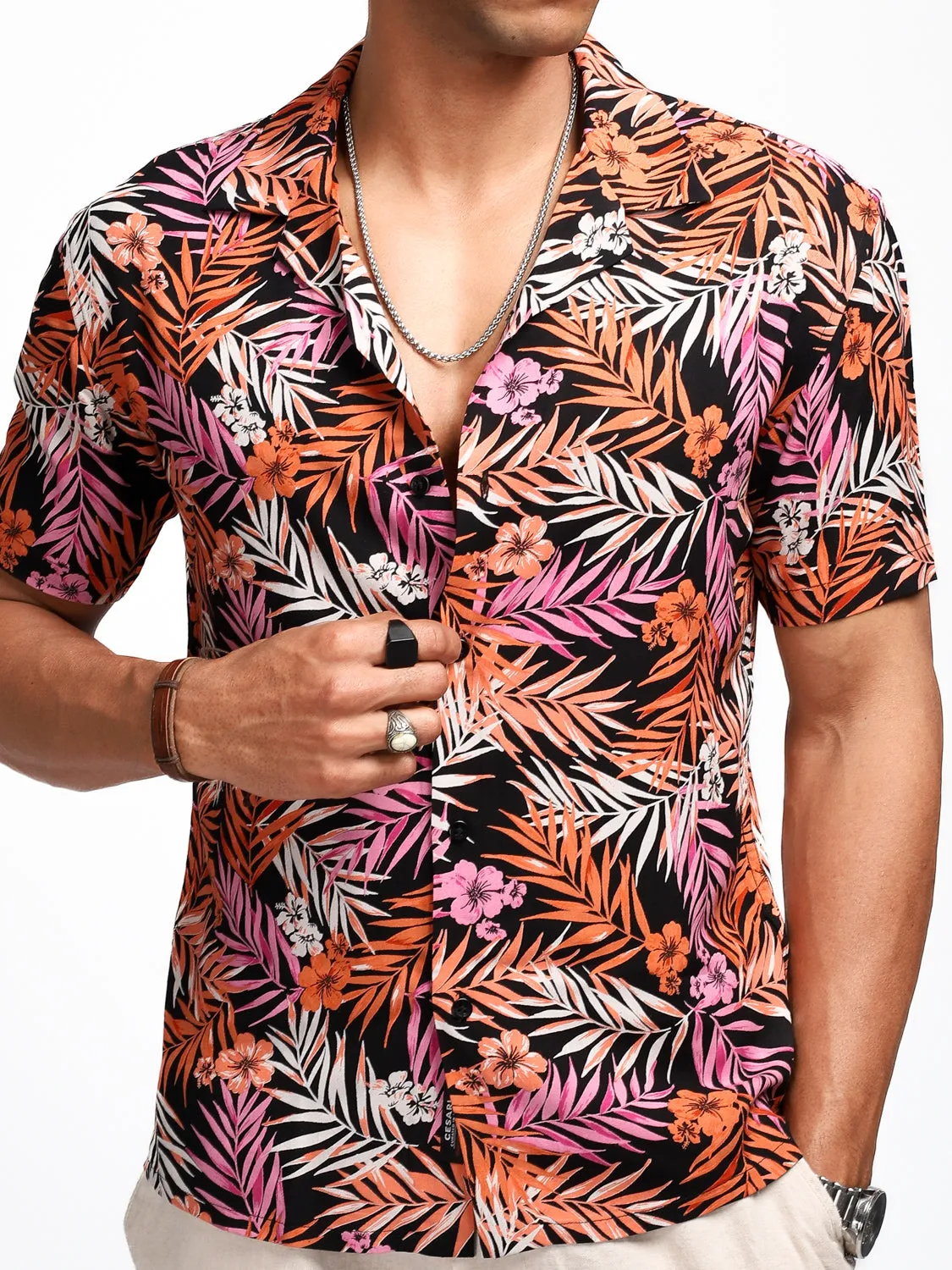 Black Orange Leaf Print Resort Shirt