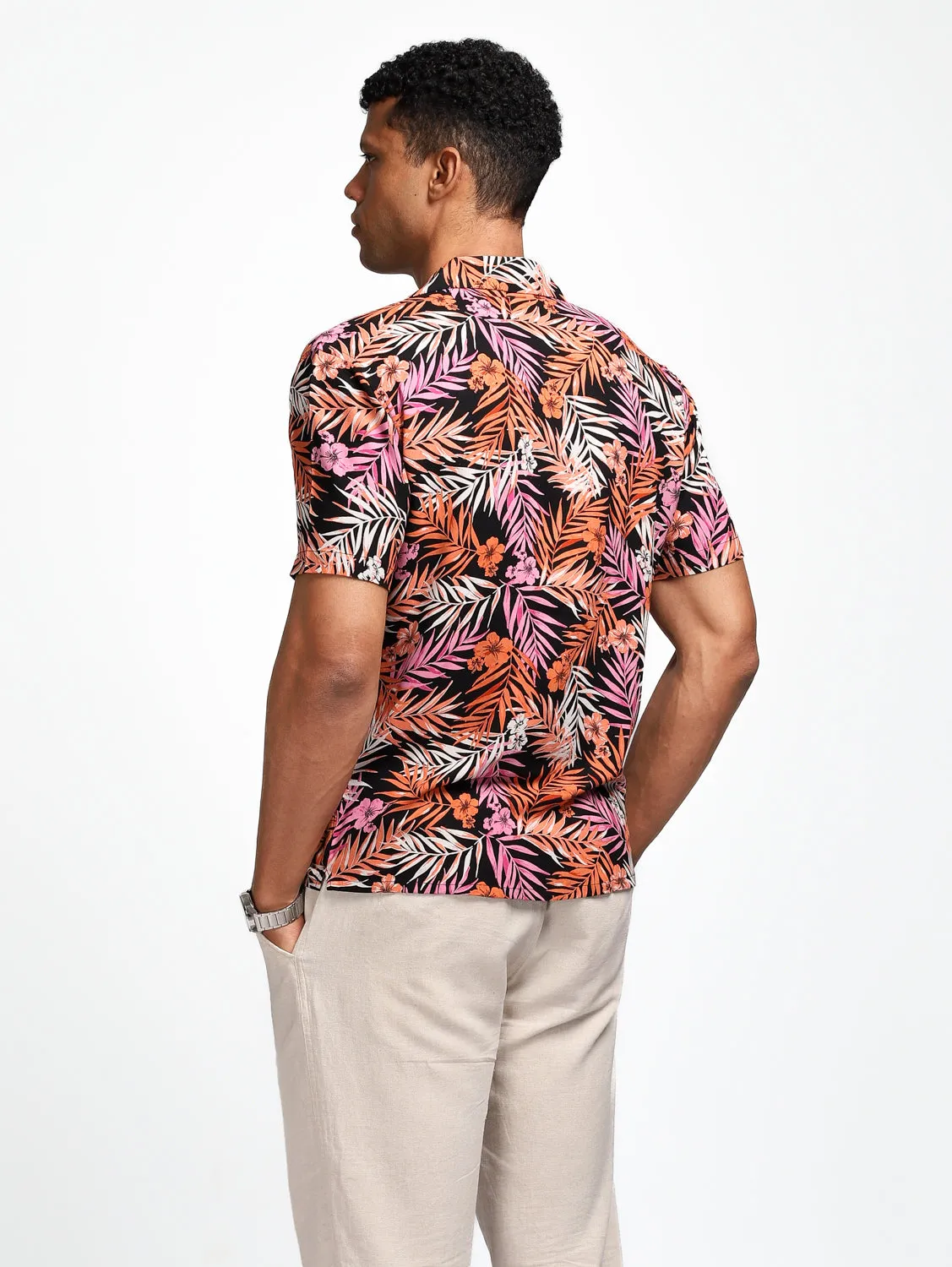 Black Orange Leaf Print Resort Shirt