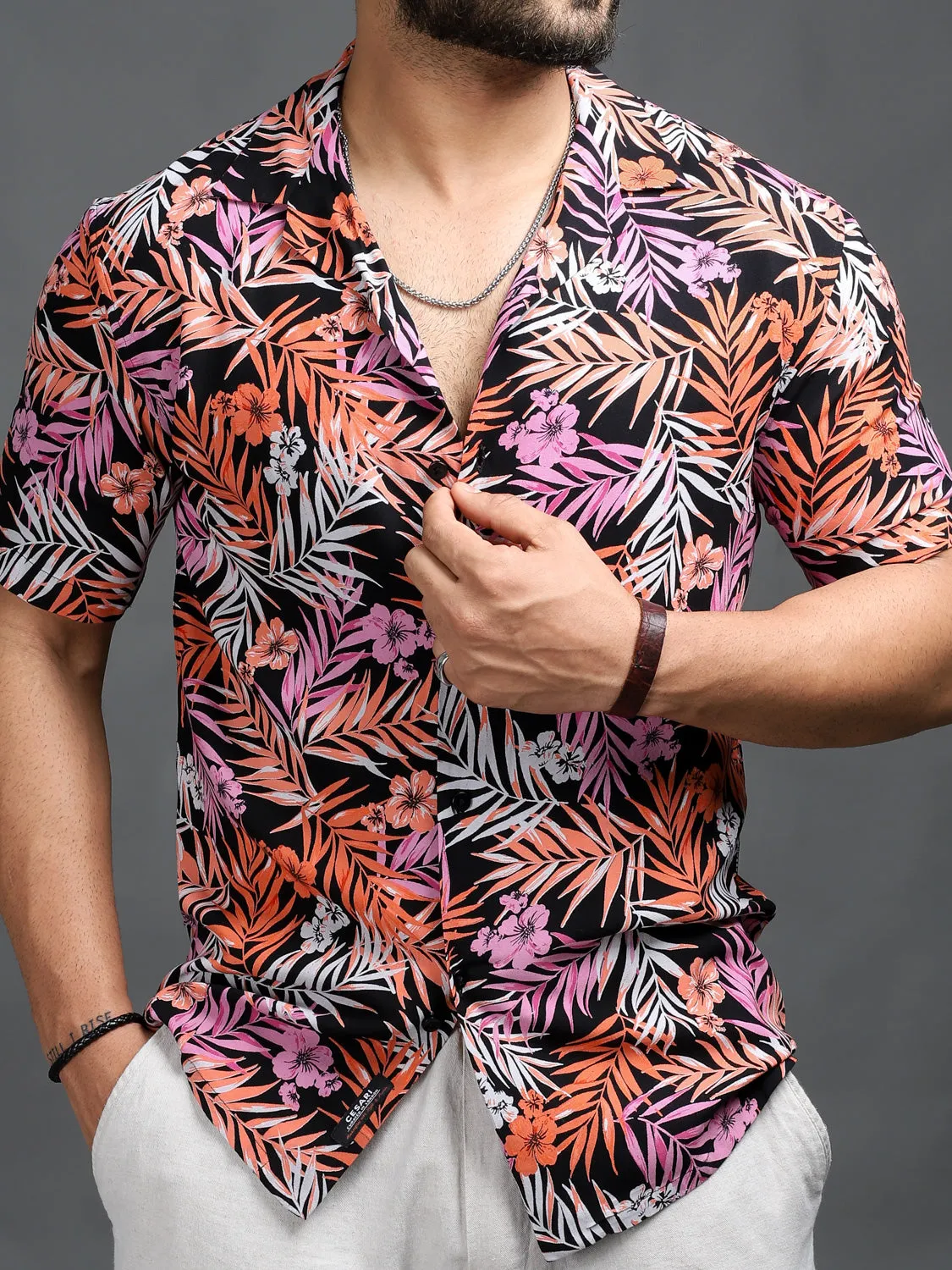 Black Orange Leaf Print Resort Shirt