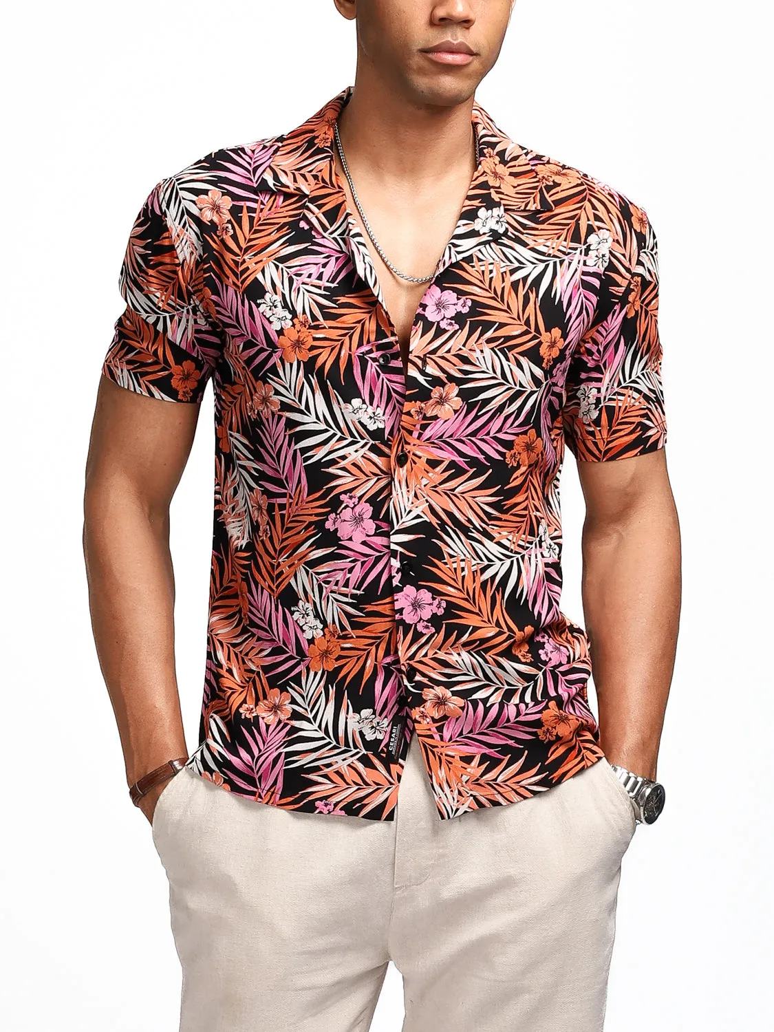 Black Orange Leaf Print Resort Shirt