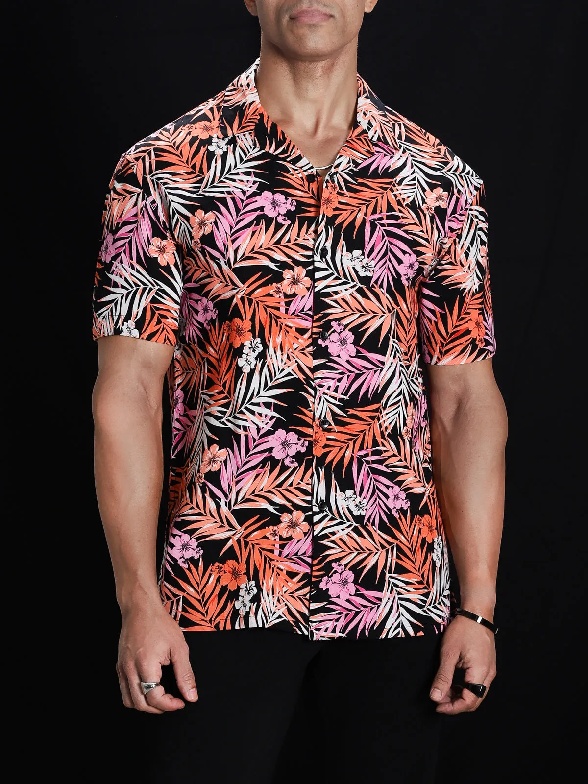 Black Orange Leaf Print Resort Shirt