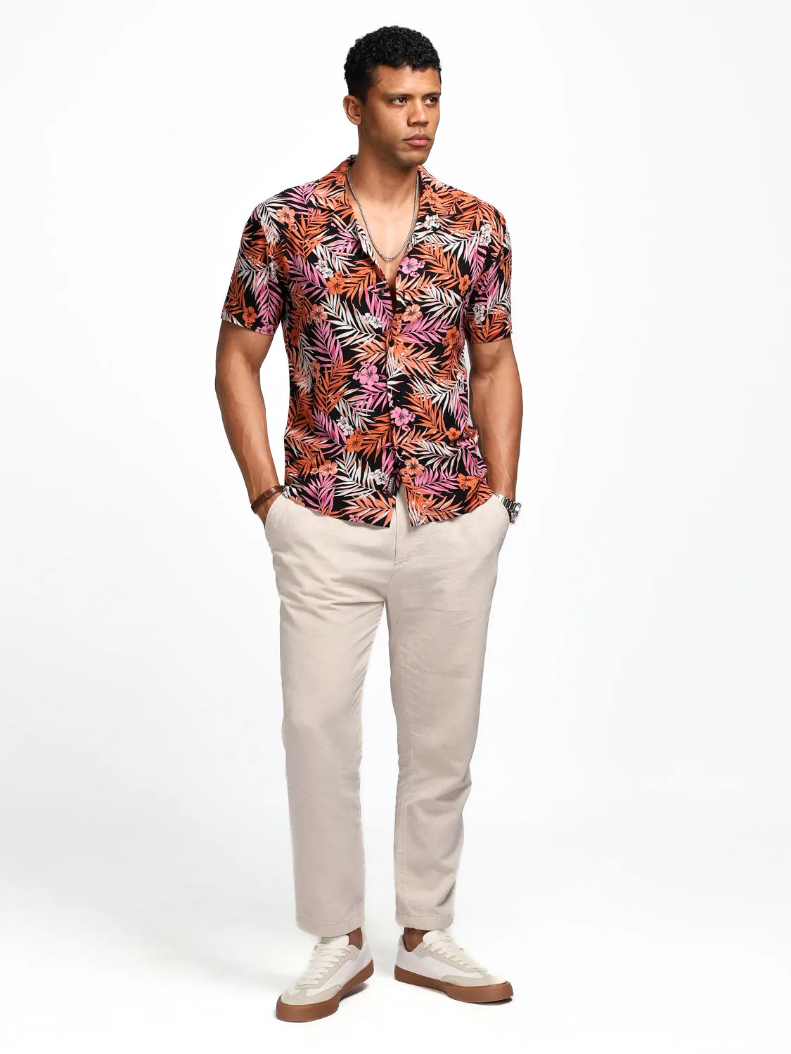 Black Orange Leaf Print Resort Shirt