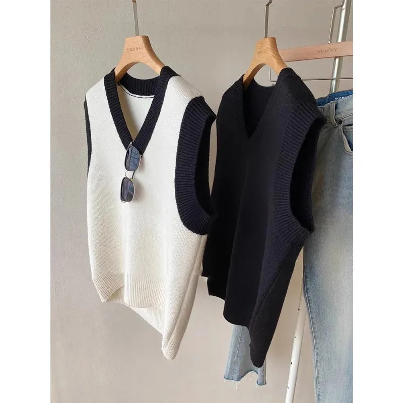 High Quality Acrylic Black and White Patchwork Knitted Sweater Vests for Men and Women Autumn New V-neck Sleeveless Men's Vest