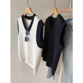 High Quality Acrylic Black and White Patchwork Knitted Sweater Vests for Men and Women Autumn New V-neck Sleeveless Men's Vest
