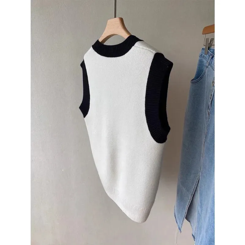 High Quality Acrylic Black and White Patchwork Knitted Sweater Vests for Men and Women Autumn New V-neck Sleeveless Men's Vest