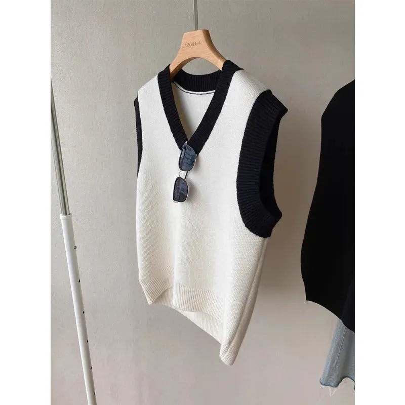 High Quality Acrylic Black and White Patchwork Knitted Sweater Vests for Men and Women Autumn New V-neck Sleeveless Men's Vest