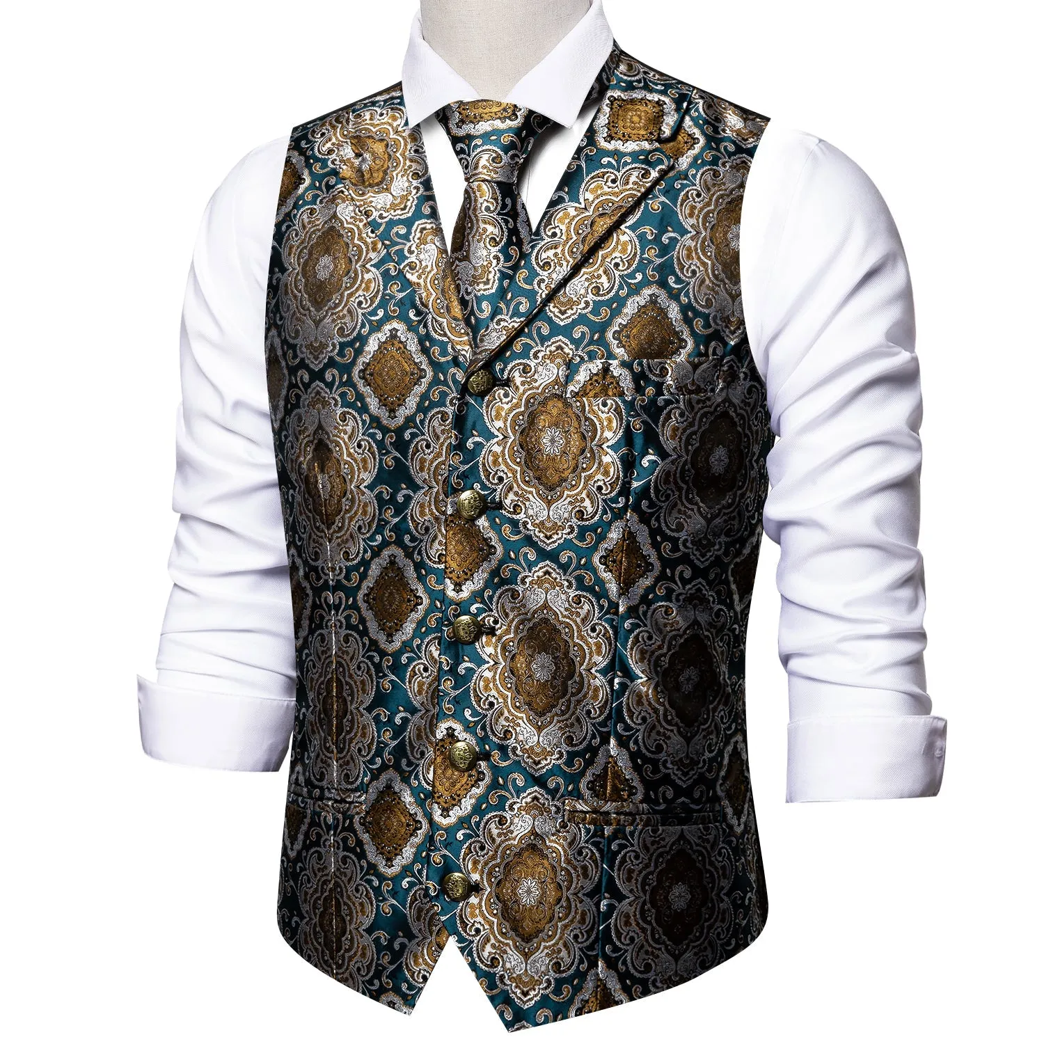 Indigo Blue Brown Novelty Metal Button Jacquard Silk Men's Vest Hanky Cufflinks Tie Set