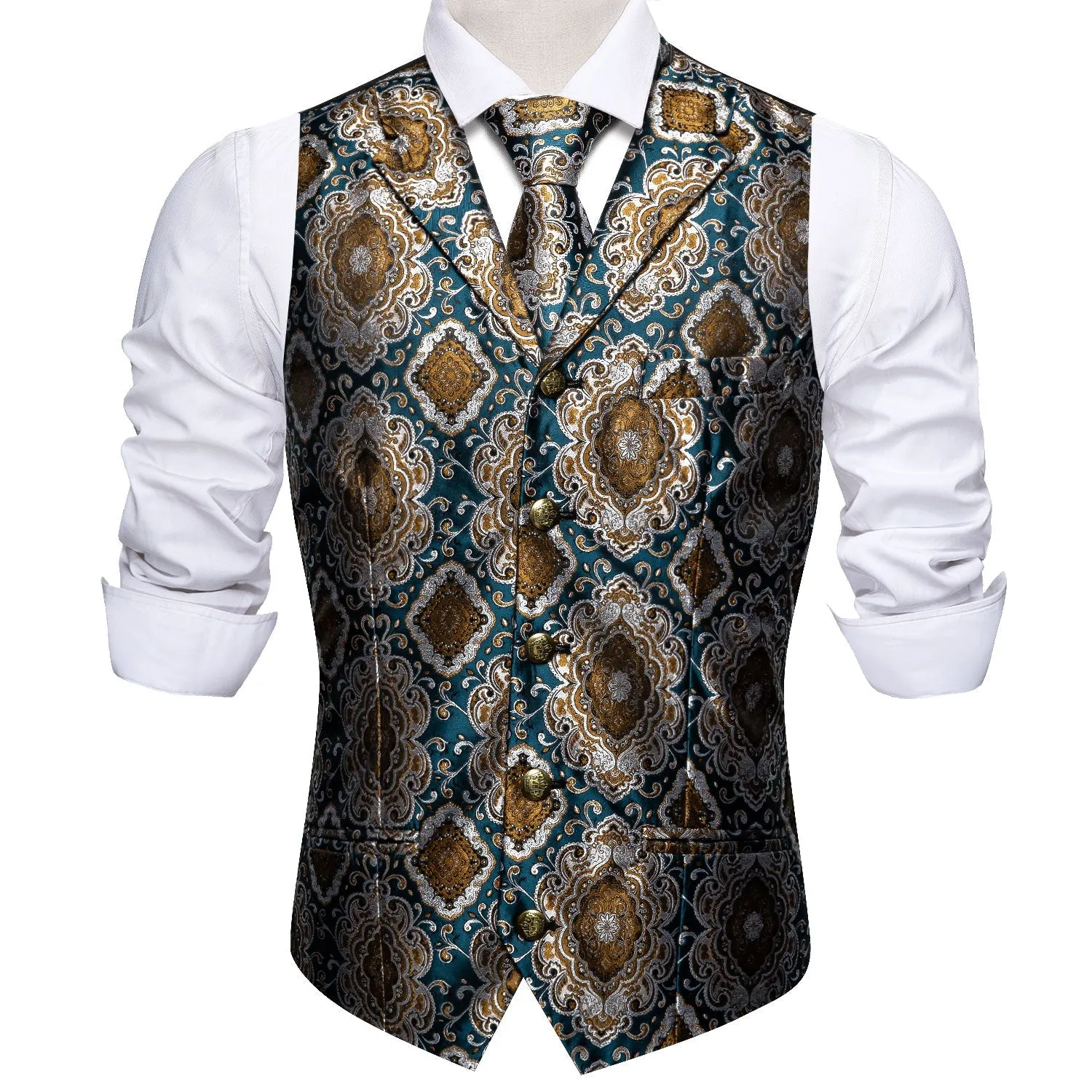 Indigo Blue Brown Novelty Metal Button Jacquard Silk Men's Vest Hanky Cufflinks Tie Set