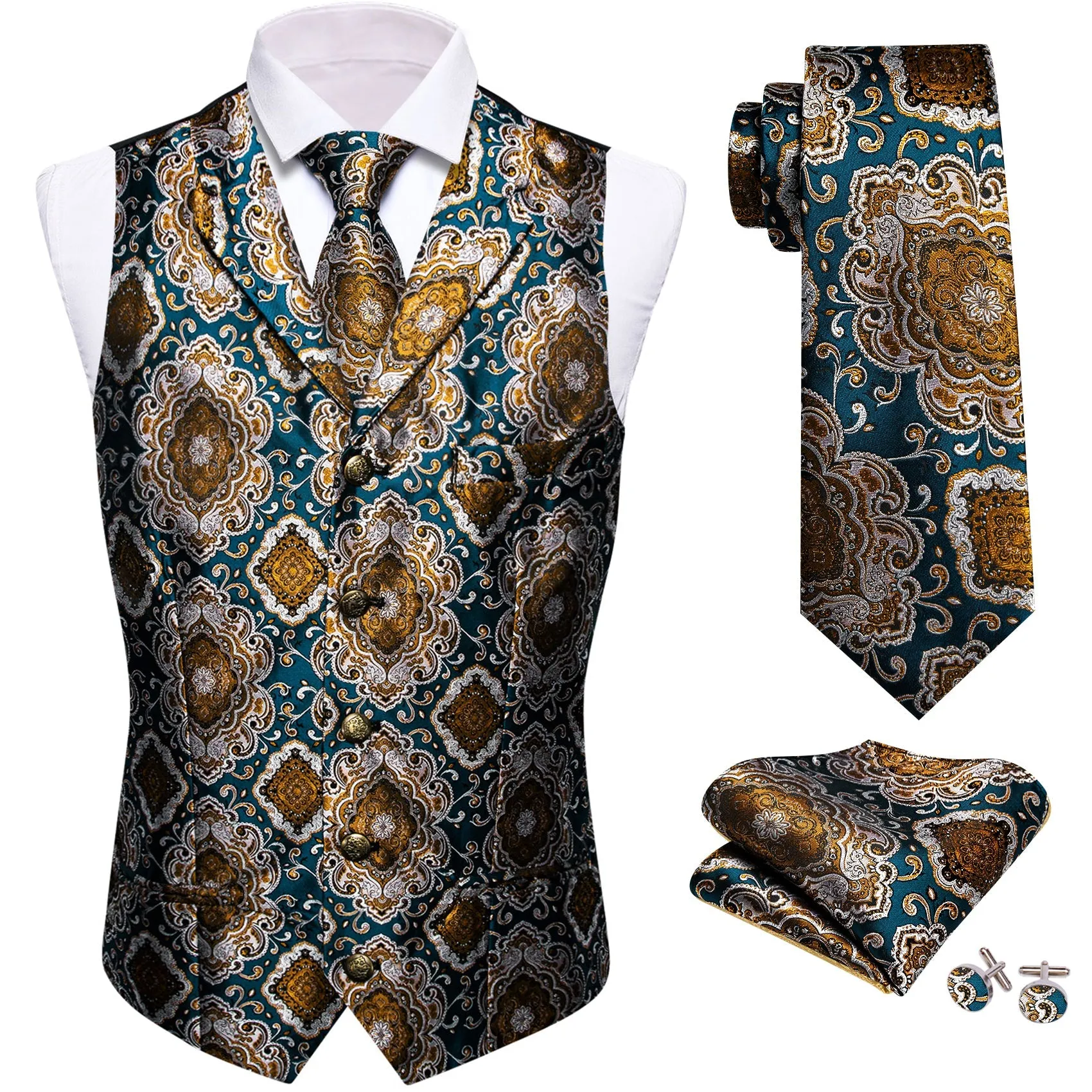 Indigo Blue Brown Novelty Metal Button Jacquard Silk Men's Vest Hanky Cufflinks Tie Set