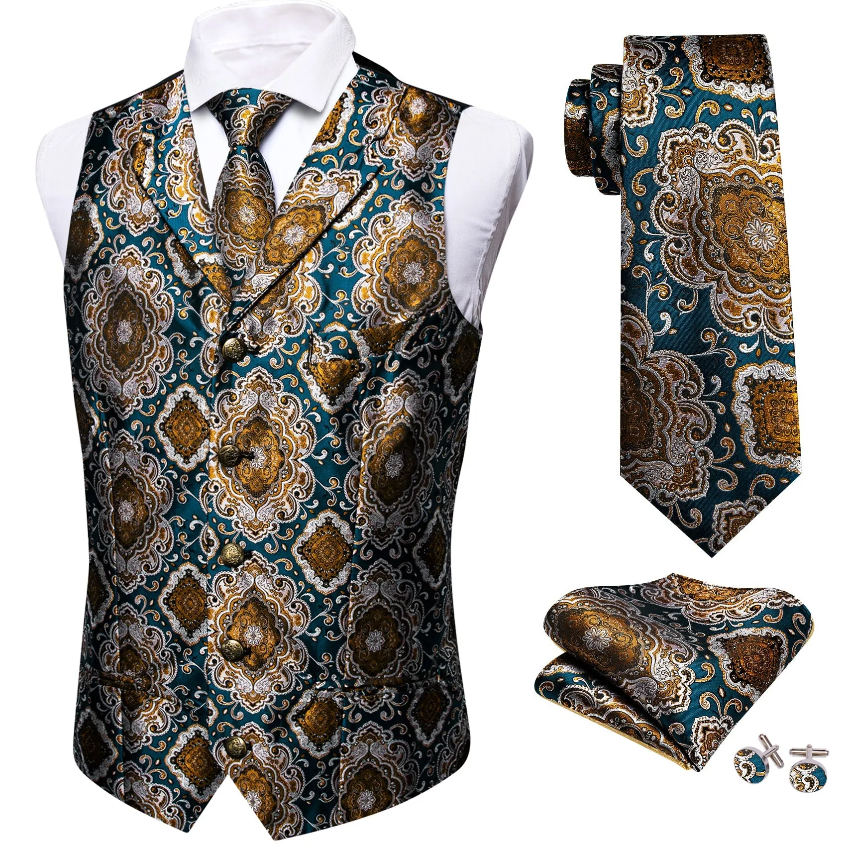 Indigo Blue Brown Novelty Metal Button Jacquard Silk Men's Vest Hanky Cufflinks Tie Set