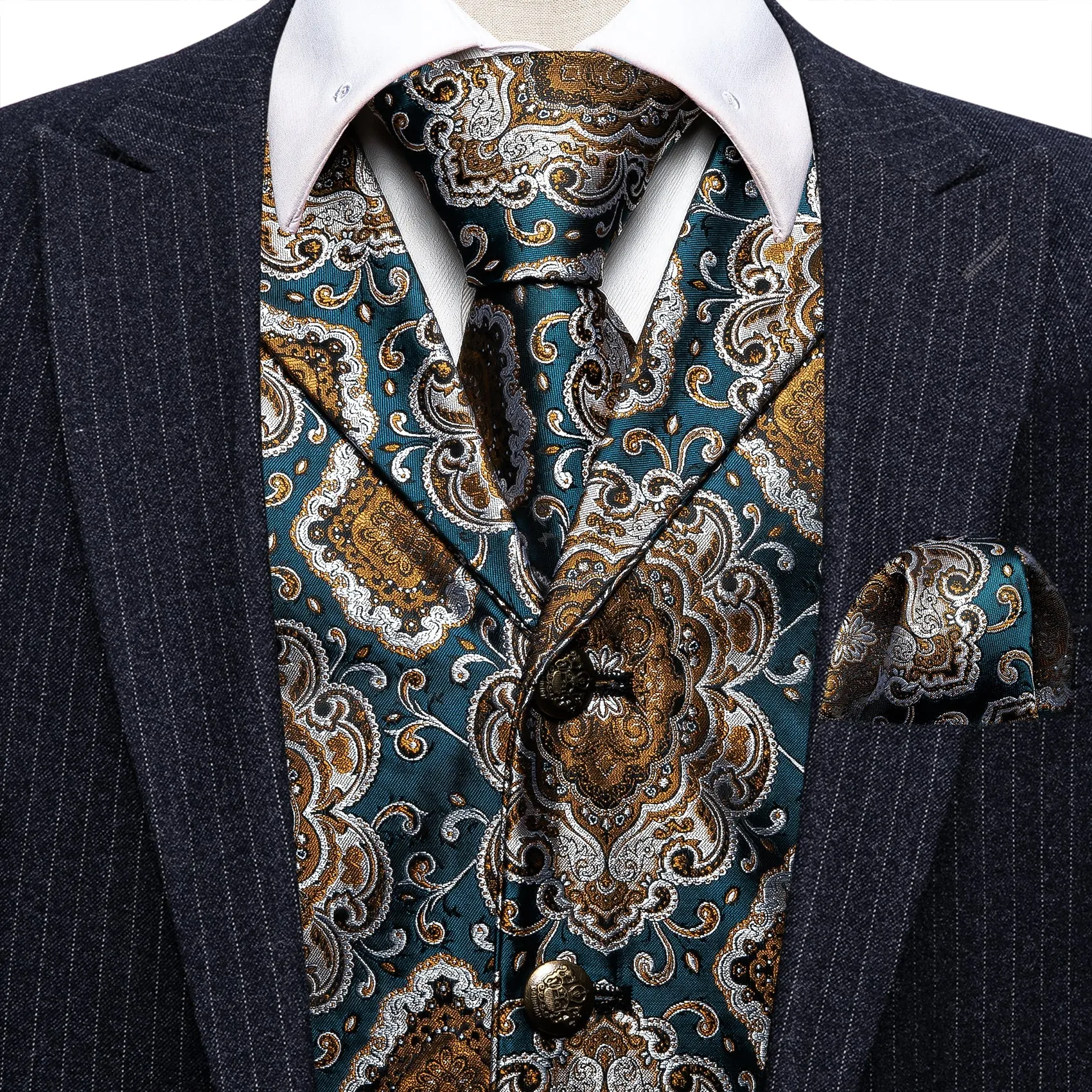 Indigo Blue Brown Novelty Metal Button Jacquard Silk Men's Vest Hanky Cufflinks Tie Set
