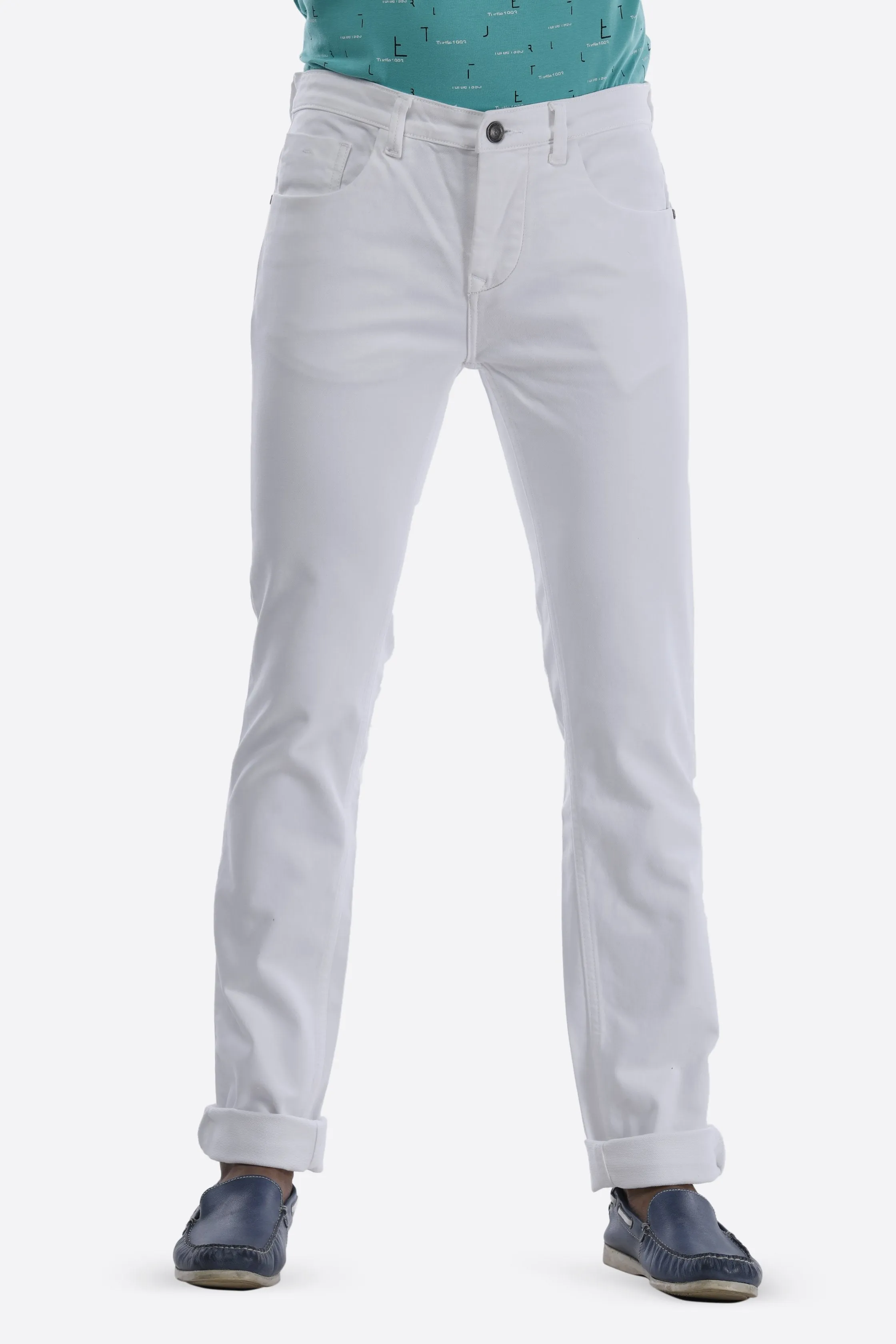 Knitted Expandable Narrow Fit White Causal Men Denim
