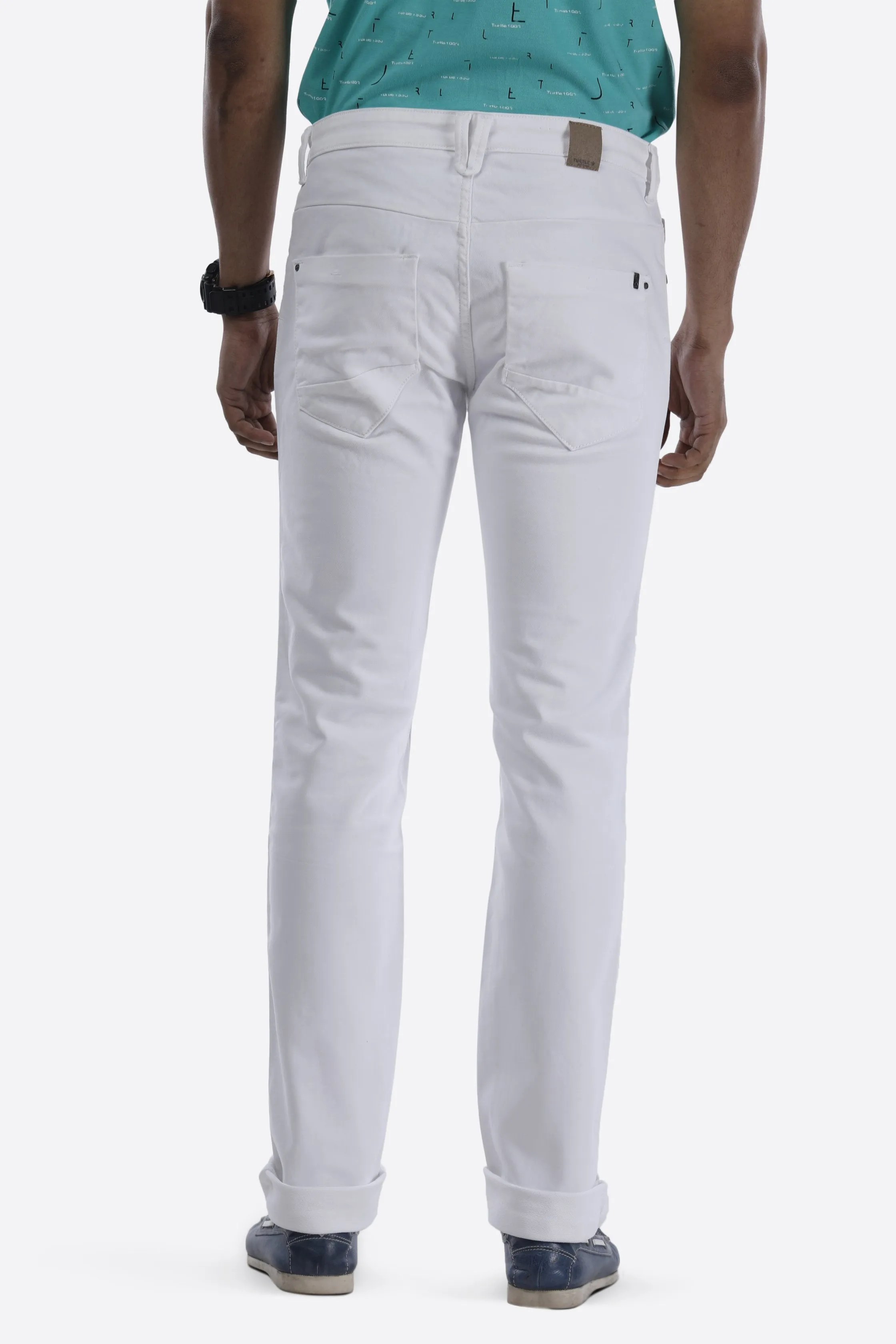 Knitted Expandable Narrow Fit White Causal Men Denim