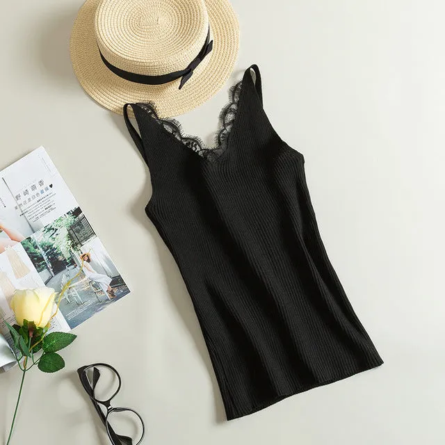 Lace Knitted Sexy V-neck Vest Cotton Tank Top (Free Shipping)