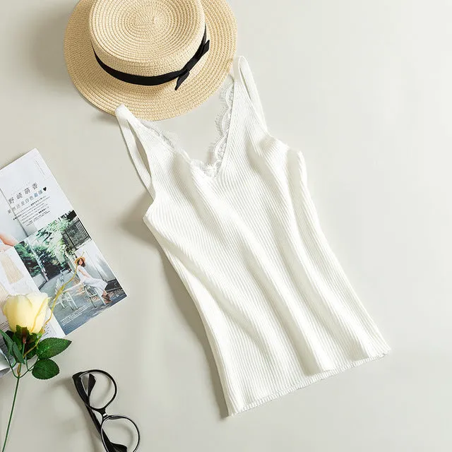 Lace Knitted Sexy V-neck Vest Cotton Tank Top (Free Shipping)