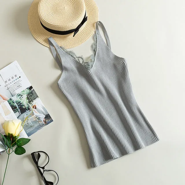 Lace Knitted Sexy V-neck Vest Cotton Tank Top (Free Shipping)