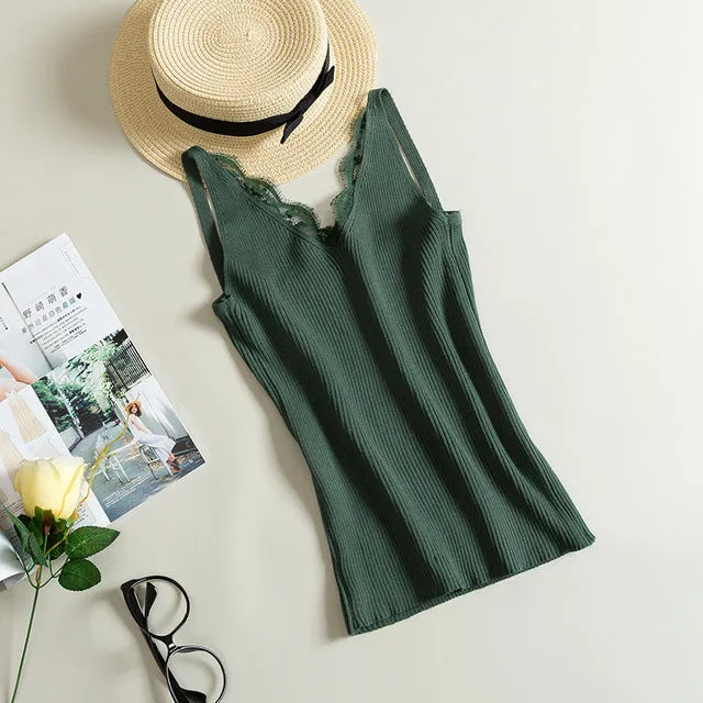 Lace Knitted Sexy V-neck Vest Cotton Tank Top (Free Shipping)