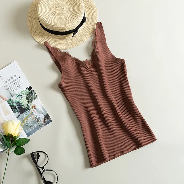 Lace Knitted Sexy V-neck Vest Cotton Tank Top (Free Shipping)