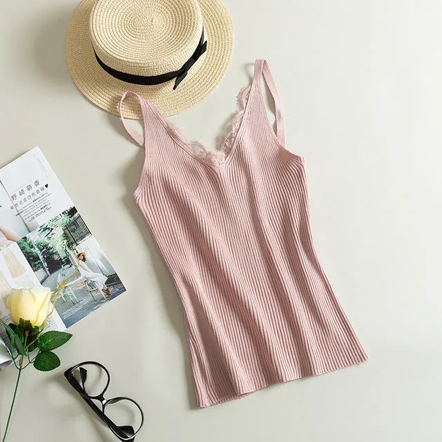 Lace Knitted Sexy V-neck Vest Cotton Tank Top (Free Shipping)