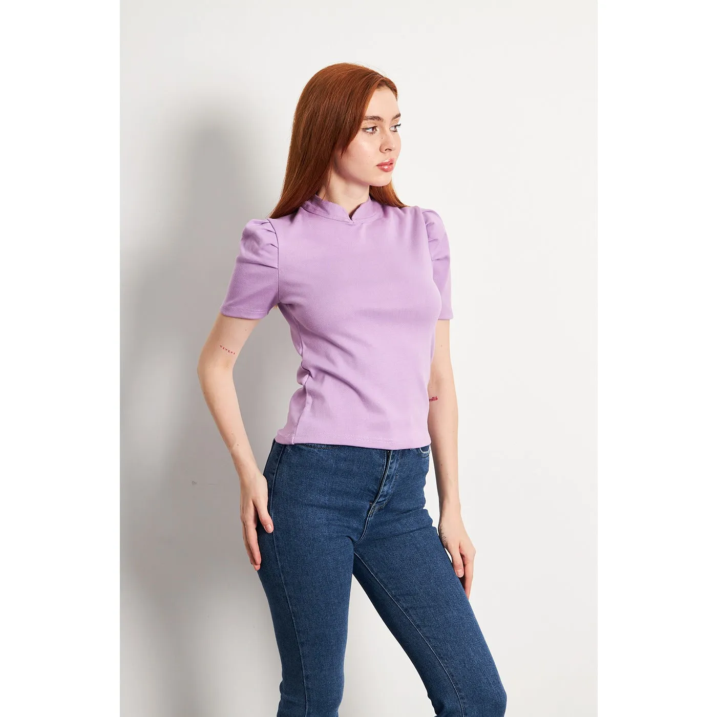 Lilac Puff Sleeves Knit Top