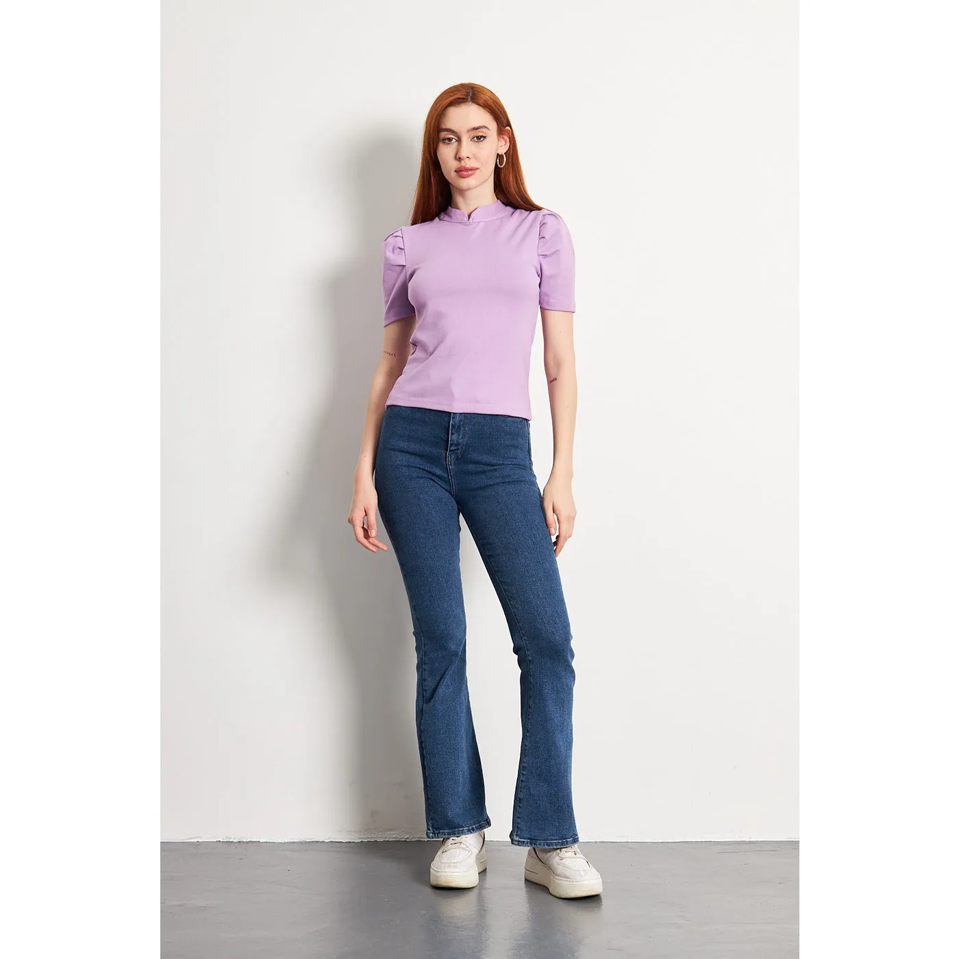 Lilac Puff Sleeves Knit Top