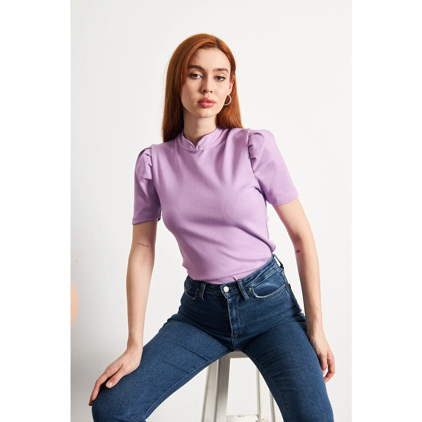 Lilac Puff Sleeves Knit Top