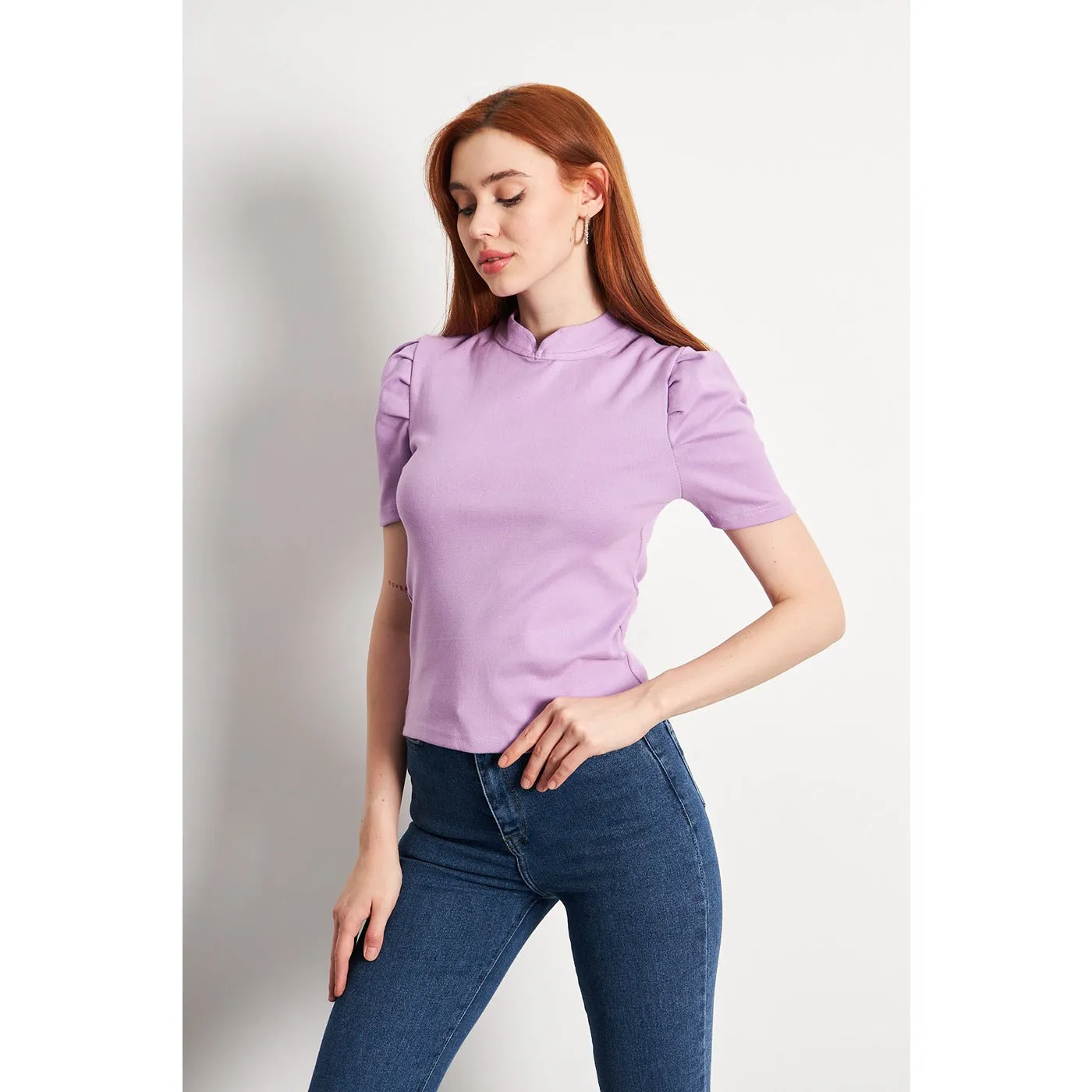 Lilac Puff Sleeves Knit Top