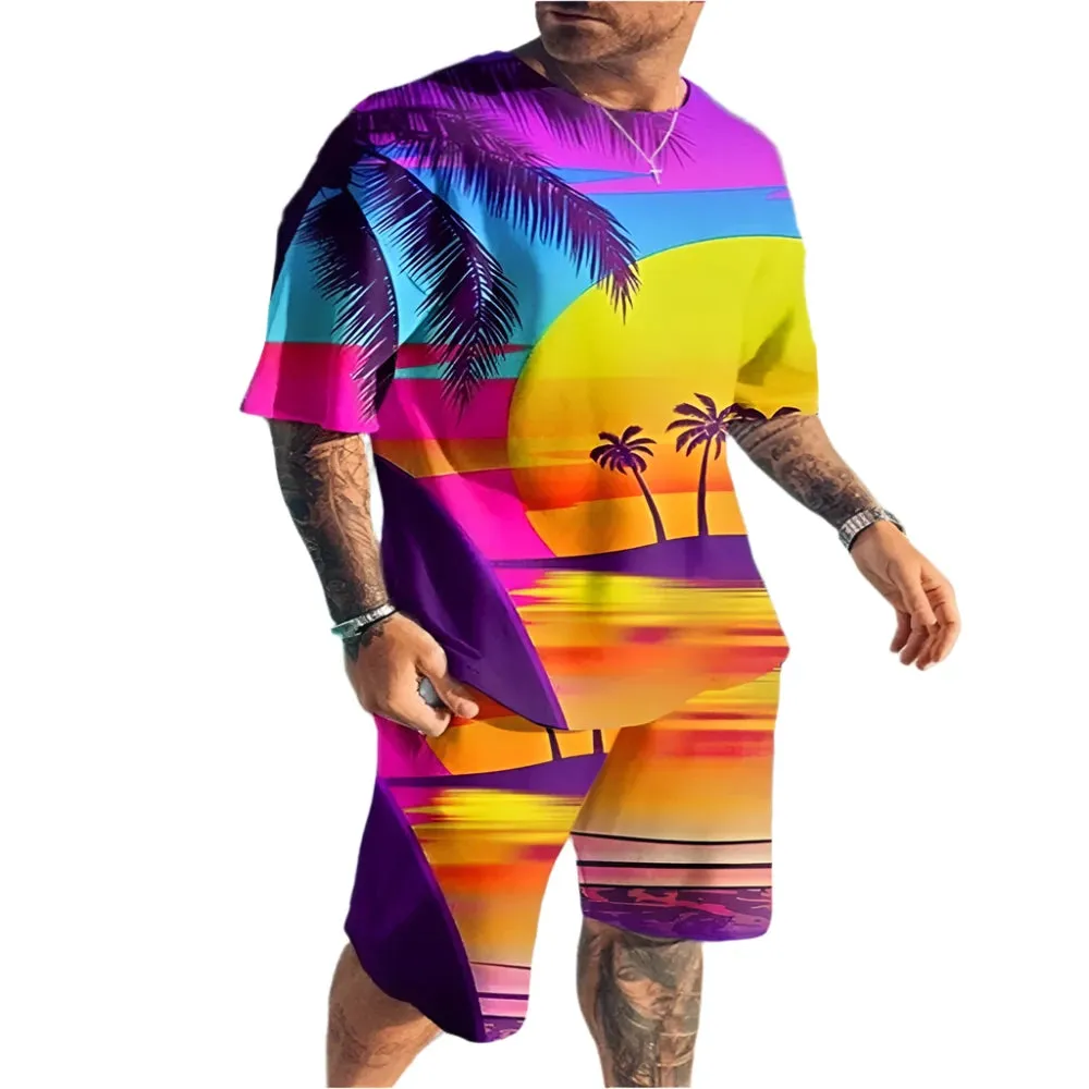 Men's 3D Print Oversized T-Shirt & Shorts Set - Fashion Sportswear, Short Sleeve Top & Pants Two-Piece Outfit