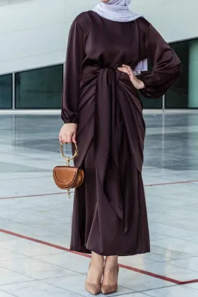 Ohlivia maxi abaya dress with detached apron elasticated sleeve like tie waist piece in satin dark chocolate