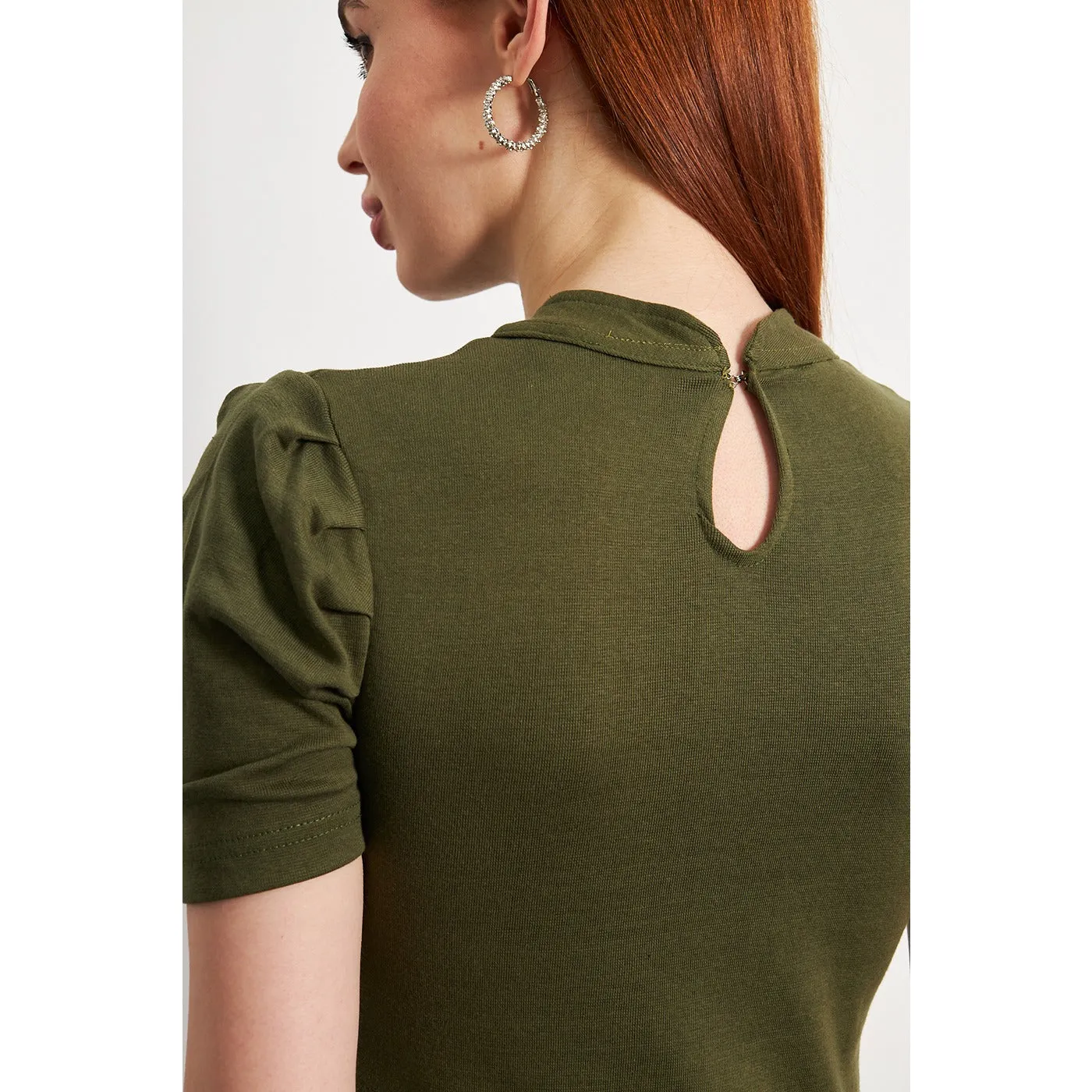 Olive Puff Sleeves Knit Top