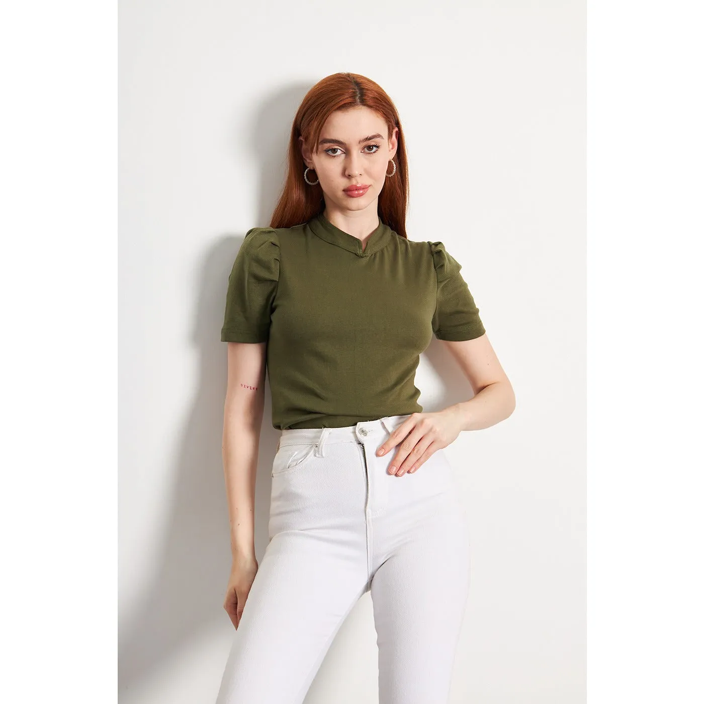 Olive Puff Sleeves Knit Top