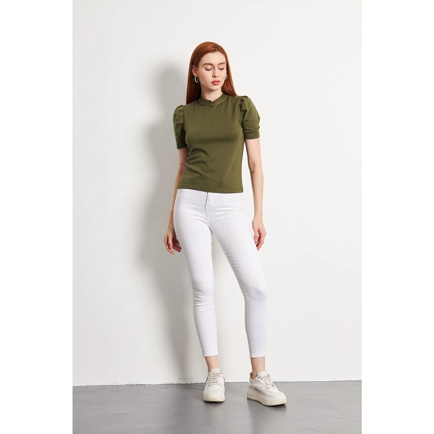 Olive Puff Sleeves Knit Top