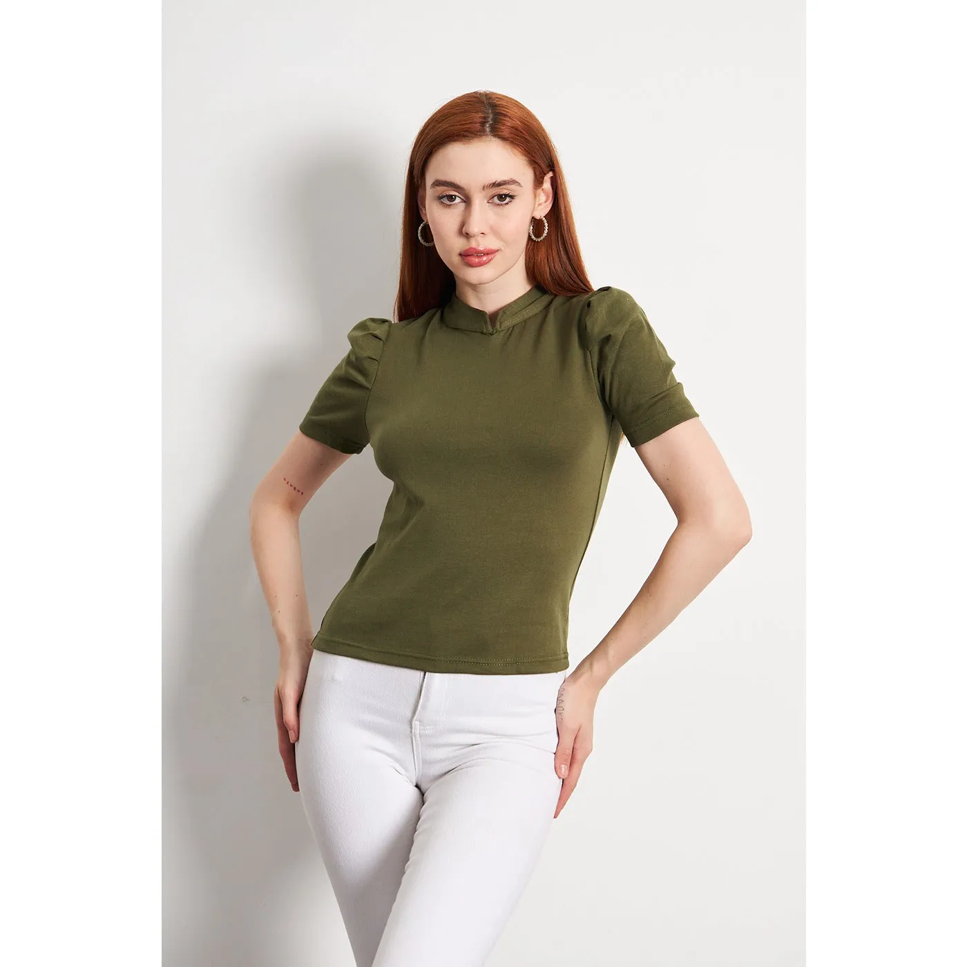 Olive Puff Sleeves Knit Top