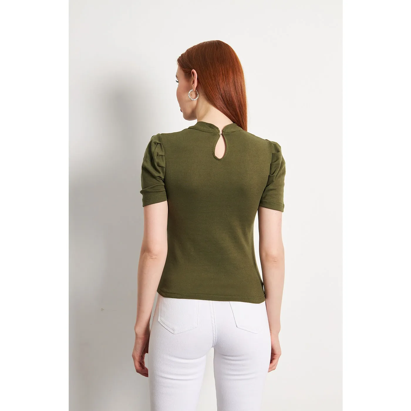 Olive Puff Sleeves Knit Top